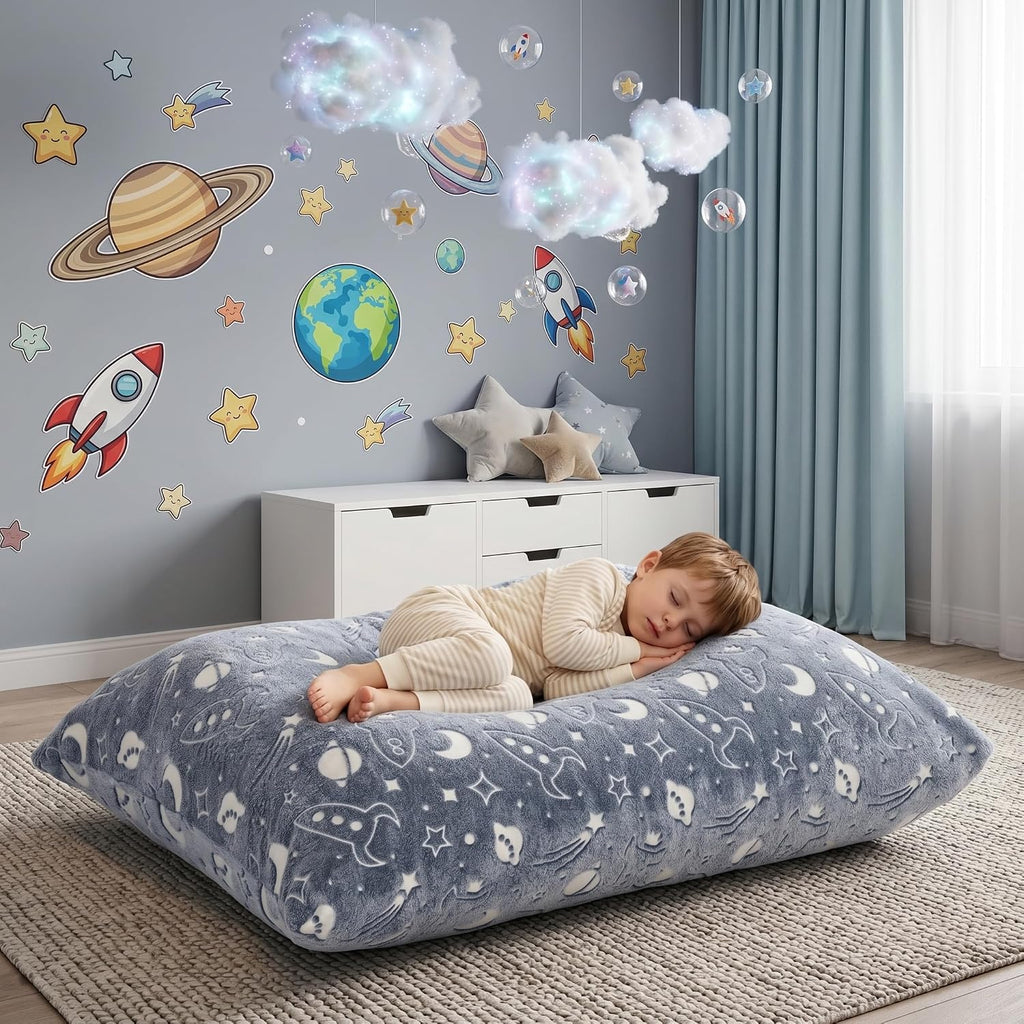 BRINJOY Kids Bean Bag Chair Bed, 3 in 1 Memory Foam Filled Bean Bag Sofa with Removable Cover for Playroom Daycare Bedroom, Toddlers Lazy Floor Mattress Lounger for Boys Girls, Spaceship