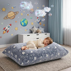 BRINJOY Kids Bean Bag Chair Bed, 3 in 1 Memory Foam Filled Bean Bag Sofa with Removable Cover for Playroom Daycare Bedroom, Toddlers Lazy Floor Mattress Lounger for Boys Girls, Spaceship