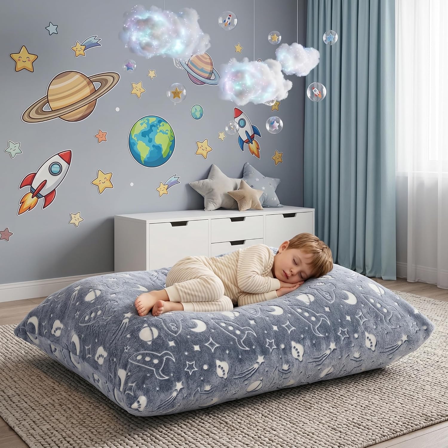 BRINJOY Kids Bean Bag Chair Bed, 3 in 1 Memory Foam Filled Bean Bag Sofa with Removable Cover for Playroom Daycare Bedroom, Toddlers Lazy Floor Mattress Lounger for Boys Girls, Spaceship