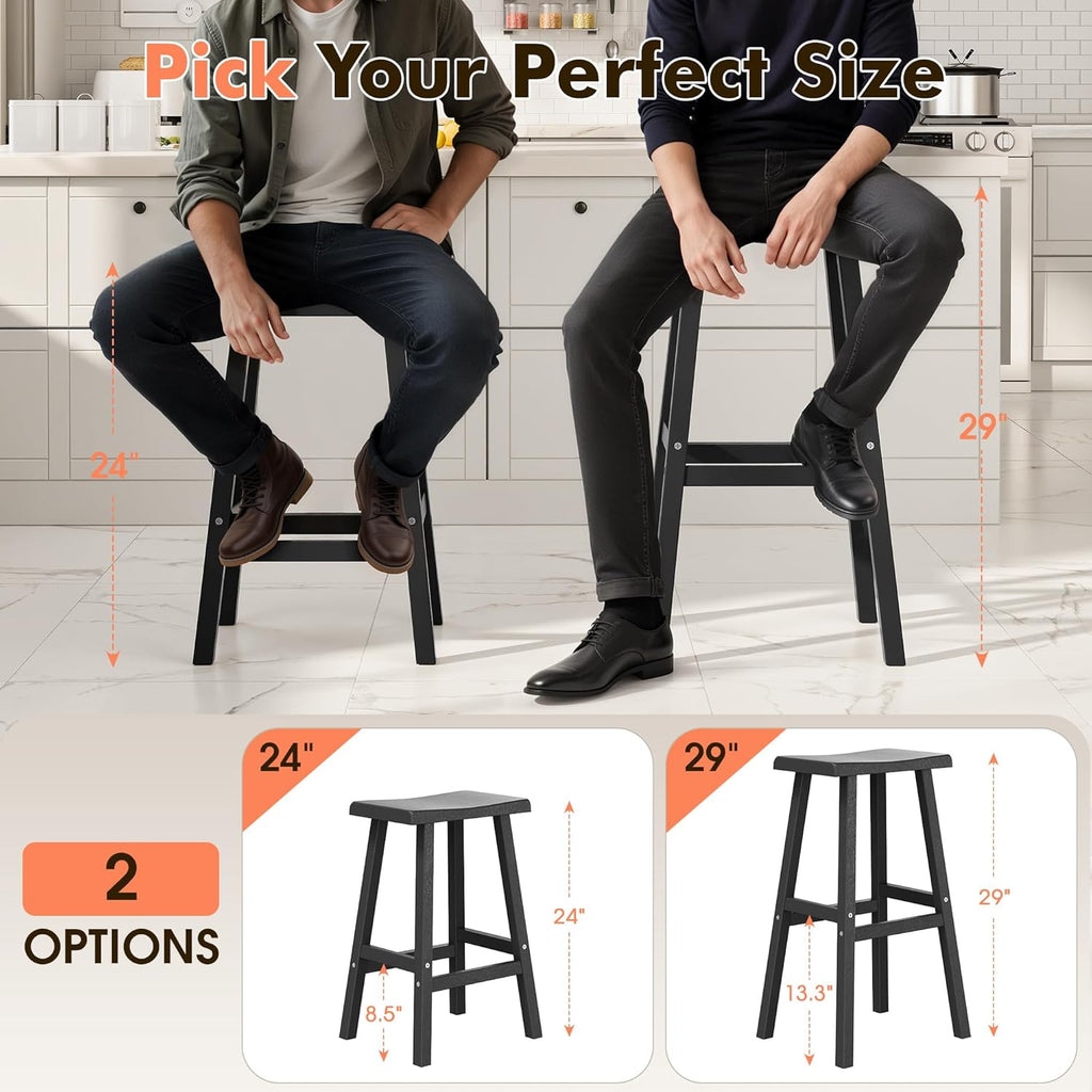 KAMABOKO 4 Set 29" HDPE Bar Stools Set Outdoor, Durable Resin Bar Chairs with Footrest, Weatherproof & Ergonomic Barstools for Patio, Deck & Poolside, Black