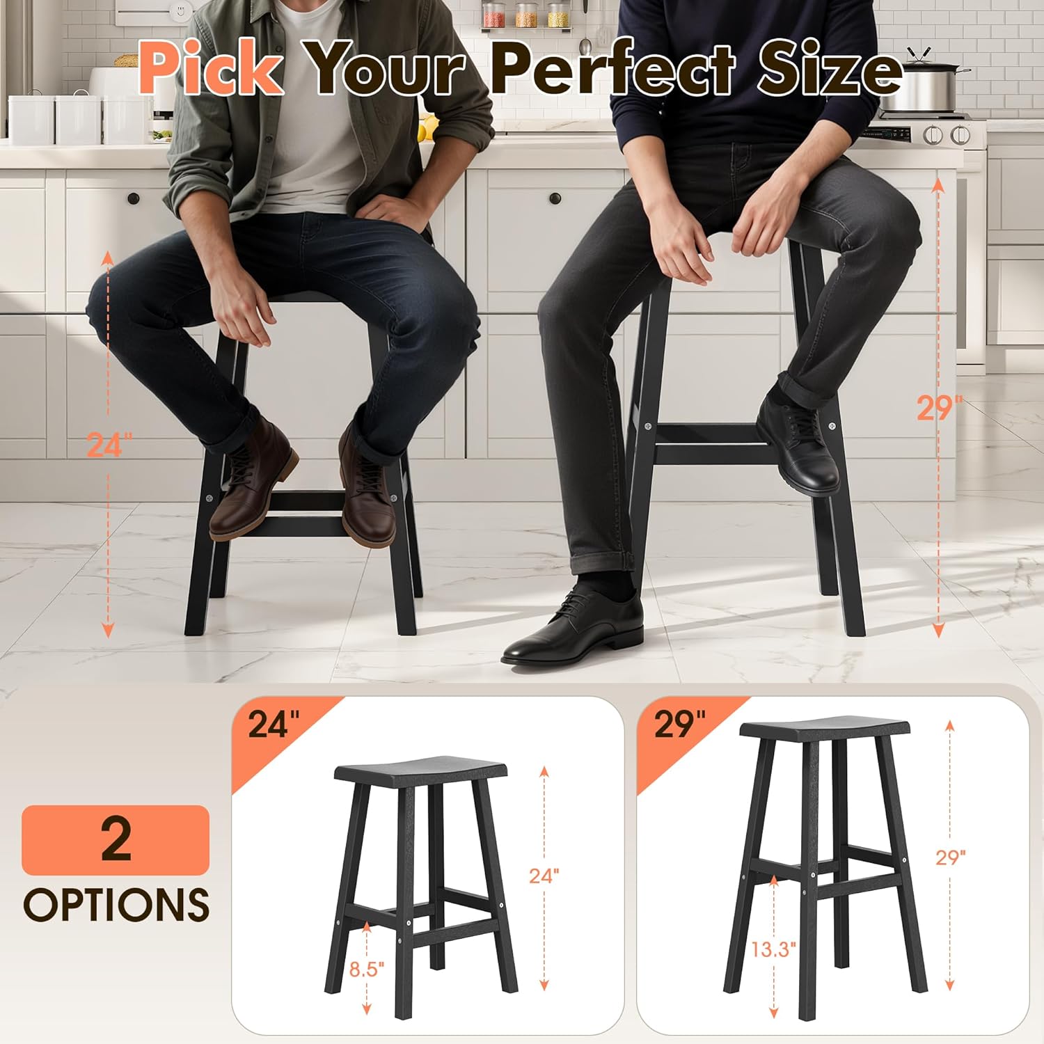 KAMABOKO 4 Set 29" HDPE Bar Stools Set Outdoor, Durable Resin Bar Chairs with Footrest, Weatherproof & Ergonomic Barstools for Patio, Deck & Poolside, Black