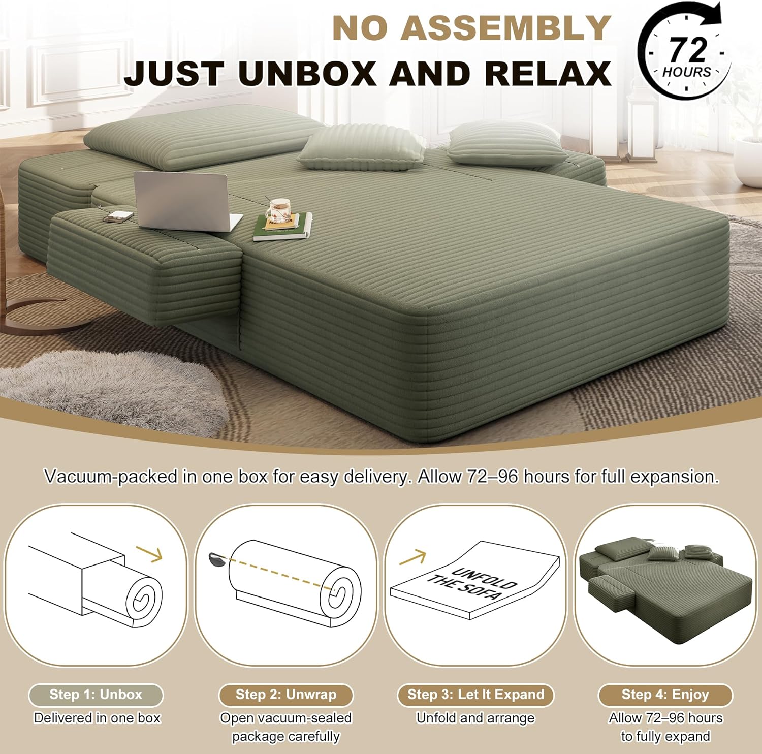 60.2" Oversized Chaise Lounge Chair, Boneless Corduroy Cloud Couch, Deep Seat Convertible Sofa Bed with 3 Pillows, Wide Armrests, Side Pocket, No Assembly (Green)