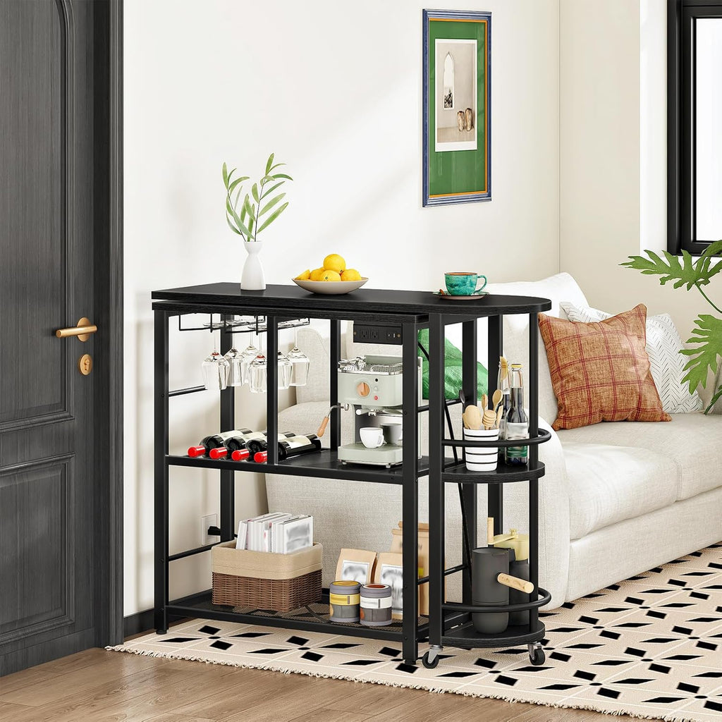 HOOBRO L-Shaped Bar Table, Home Bar Unit with Charging Station, 3-Tier Shelves with Wine Rack, 360° Extendable Bar Table on Wheels, Corner Mini Coffee Cabinet, for Pub, Kitchen, Black BB183UBT01
