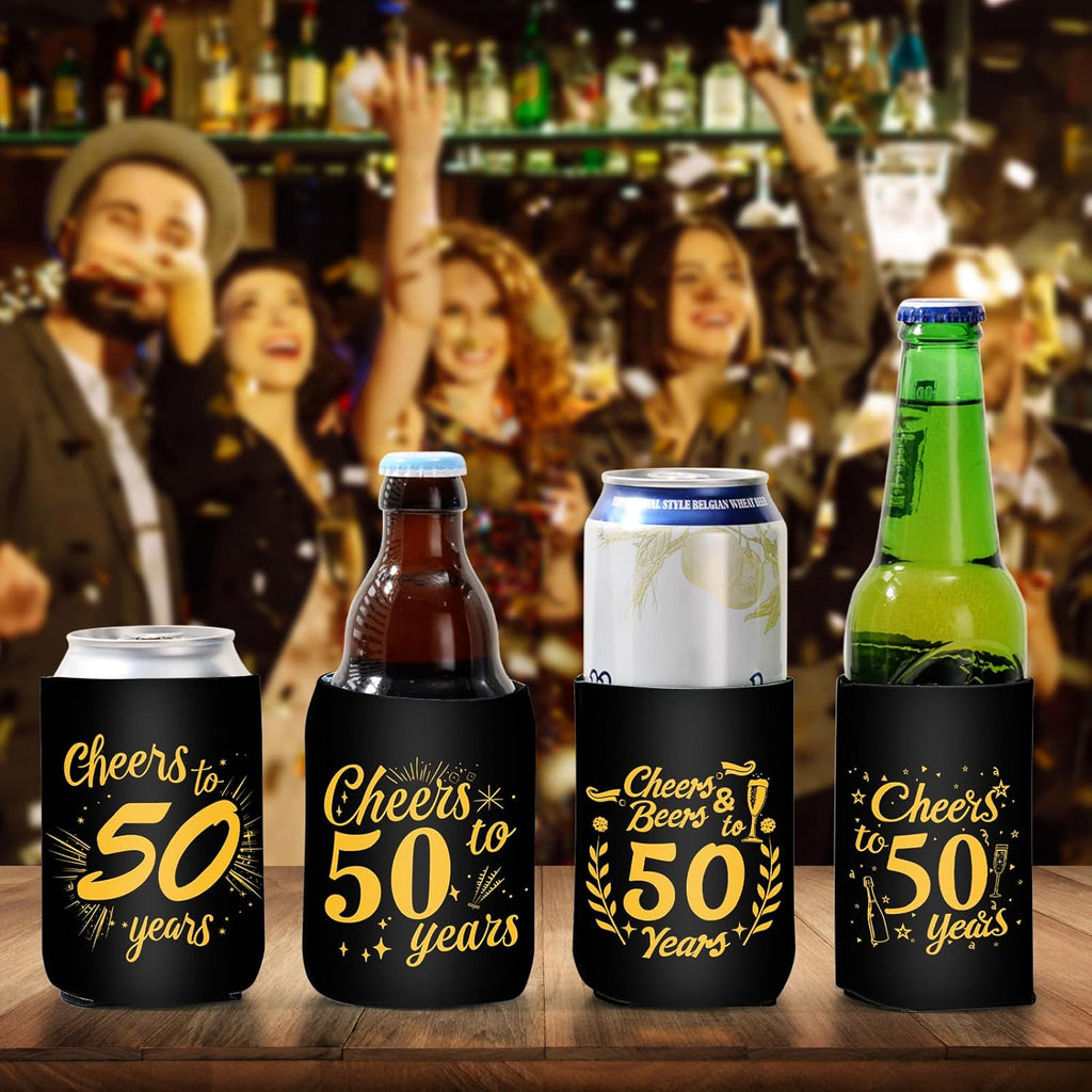 50th Birthday Can Cooler Sleeves for Soda, Beer, Beverages, 12 Pack Neoprene Can Sleeves, 50th Birthday Party Decorations and Party Favors for Women, Men, Black & Gold, 4 Design
