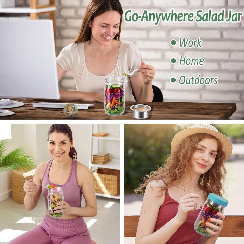 KTKUDY 2 Pack 32 oz Glass Salad Jars with Dressing Cups (Pod) - Meal Prep Salad Container for Lunch - Leakproof Mason Jars with Lids