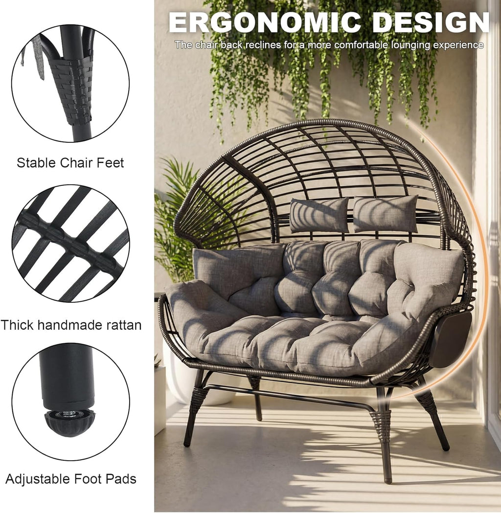 Double Egg Chair with Cup Holder Outdoor Indoor,2 Person Oversized Wicker Lounge Chair with 8” Thicken Cushions & Rain Cover 700lbs for Patio Balcony Porch Living Room