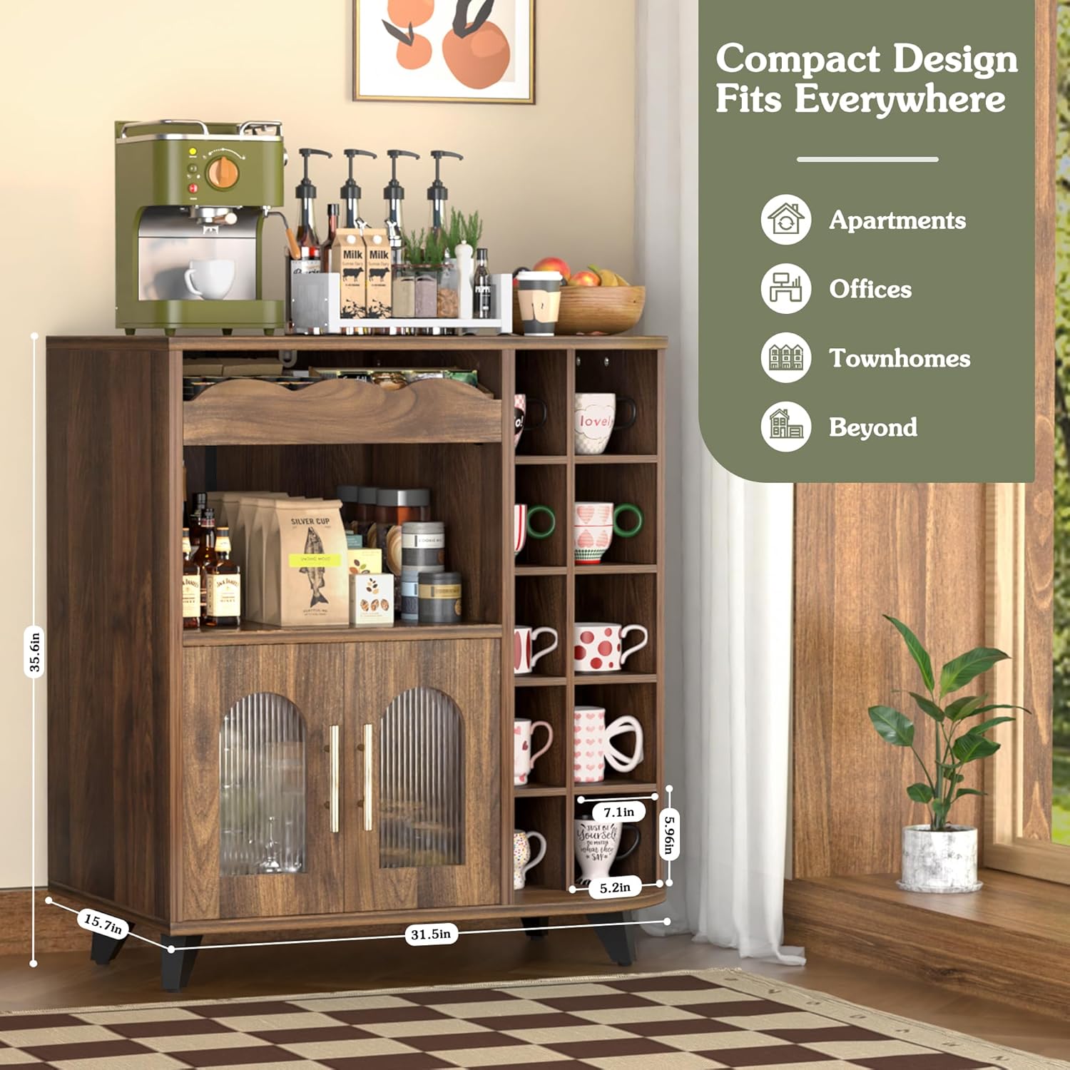 VINAEMO Coffee Bar Cabinet with 24-Cup Display, Large Drawer & Storage,Modern Buffet Sideboard for Kitchen, Medium Wooden Bar Station for Apartment，Walnut