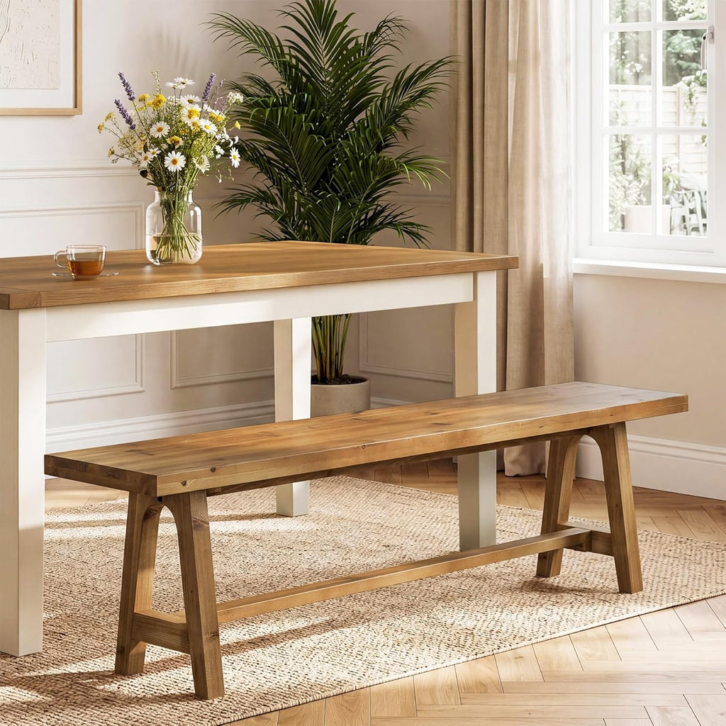 Solid Wood Dining Bench, 63 Inch Long Farmhouse Kitchen Bench for Dining Room, Kitchen, Easy to Assemble, Brown