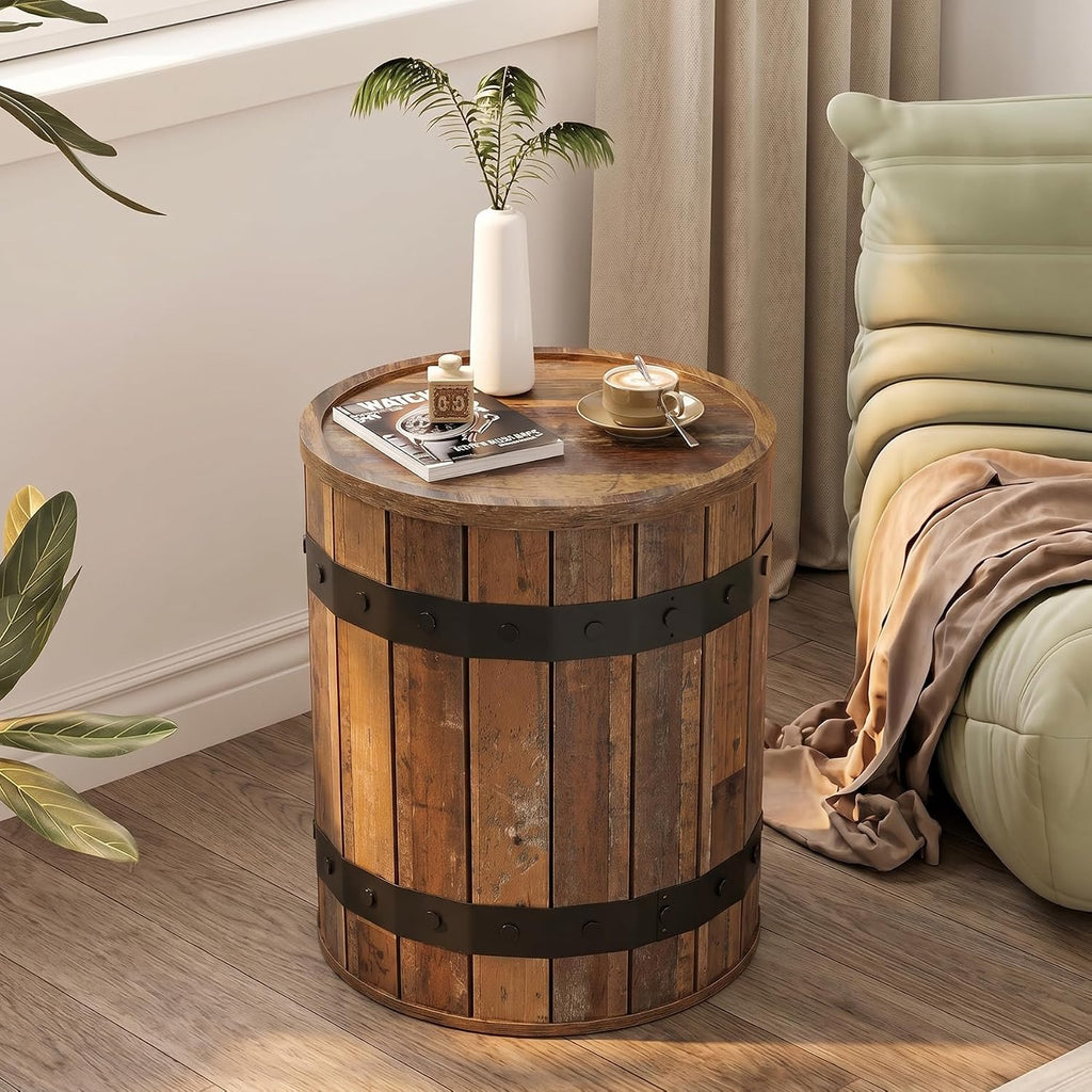 Tribesigns Round End Table with Hidden Storage, 19.68" Barrel Side Table, Farmhouse Wood End Table with Removable Lid, Sofa Side Bedside Nightstand for Living Room, Rustic Brown