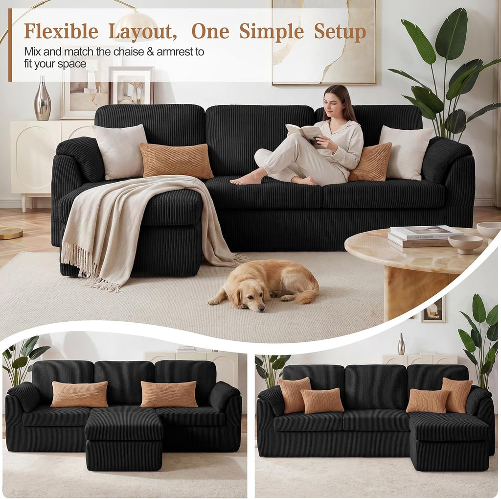 Vongrasig Boneless Convertible Sectional Sofa Couch, 3 Seat L Shaped Sofa with Removable Pillows Plush Corduroy Fabric Small Couches for Living Room, Apartment and Office, Black