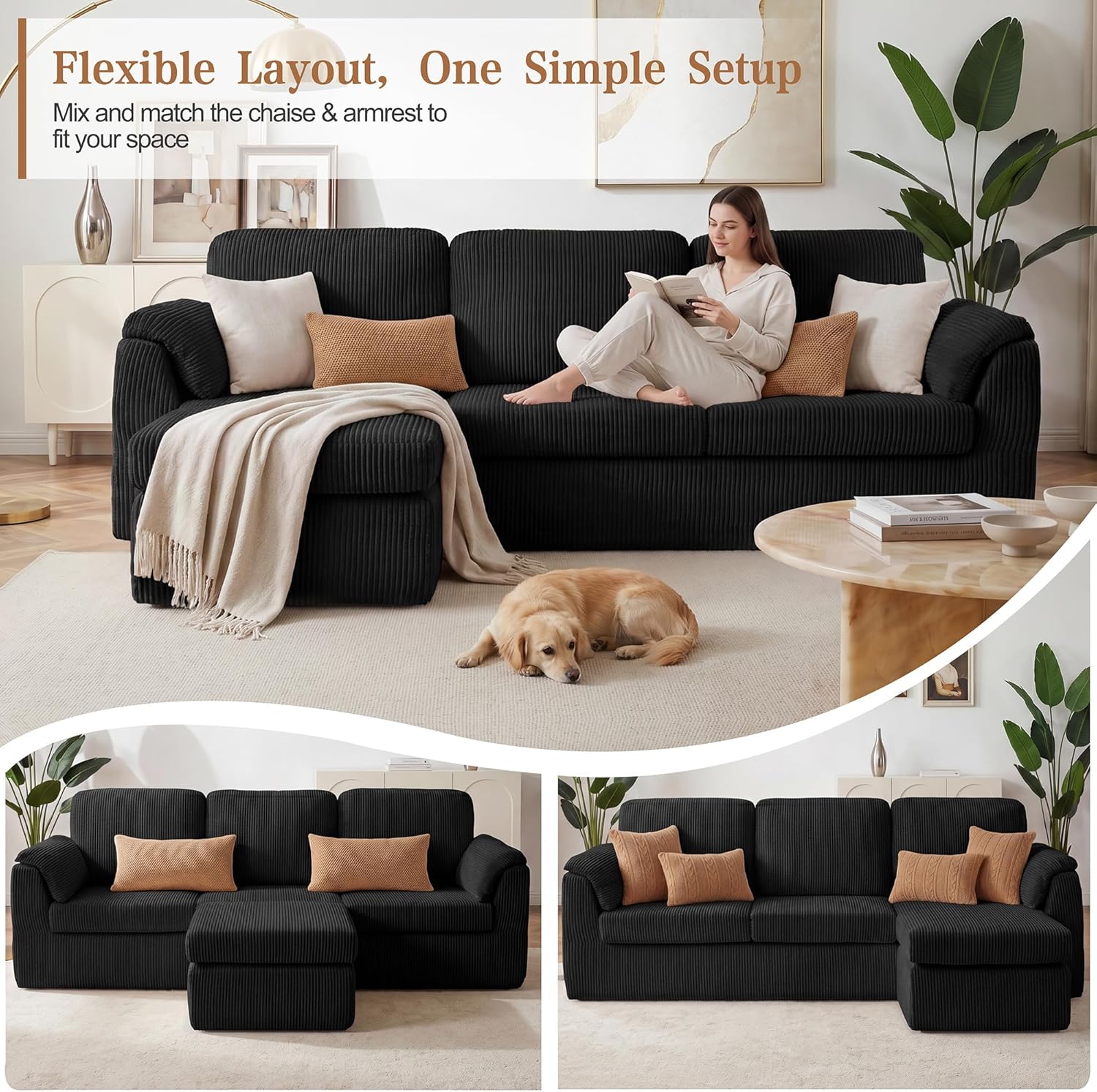 Vongrasig Boneless Convertible Sectional Sofa Couch, 3 Seat L Shaped Sofa with Removable Pillows Plush Corduroy Fabric Small Couches for Living Room, Apartment and Office, Black