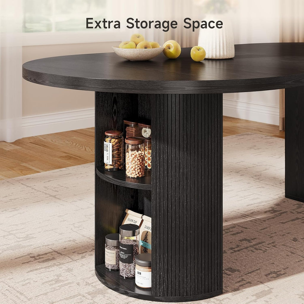 ONBRILL 41-78 Inch Extendable Dining Table for 4-8, Fluted Expandable Kitchen Table with Storage, 2 Leaf, Mid Century Modern Oval Dinner Tables for Dining Room, Kitchen, Living Room, Black