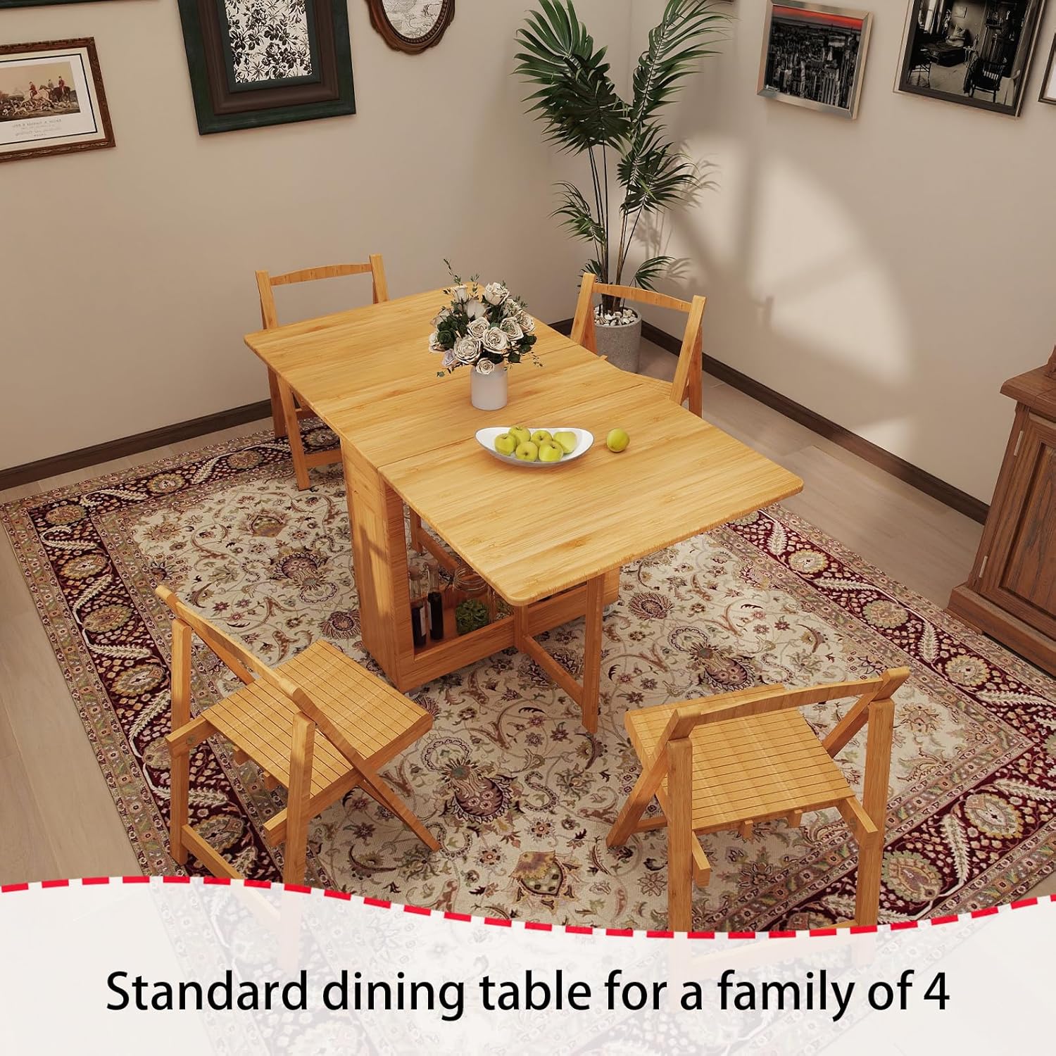 Folding Dining Table Set for 4, Foldable Kitchen Dinning Set with Chairs | Bamboo, Double Drop Leaf Device, Inside of Dinner Table Can Store Fold Chairs, Assembly Free for Compact Apartment - Wood