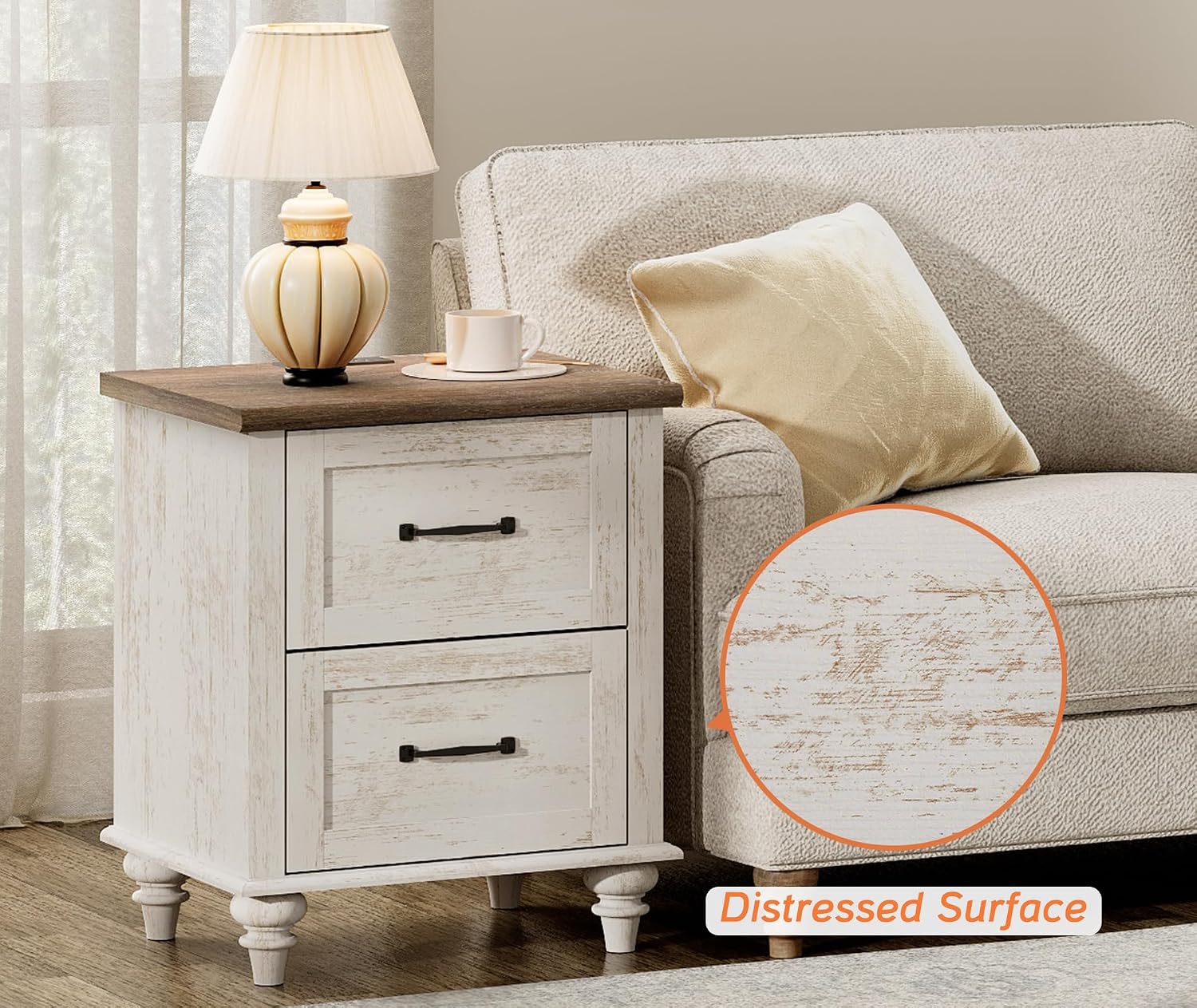 WAMPAT Nightstand Side Table with Charging Station, Antique White End Table with 2 Drawers for Living Room, Elegant Night Stand Bedside Table for Bedroom, Dorm