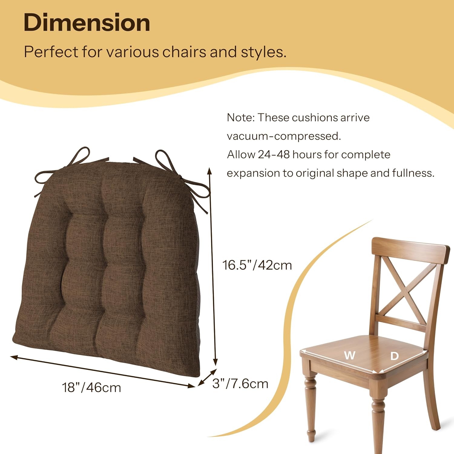 Chair Cushions for Dining Chairs Set of 4 Durable D-Shaped Seat Cushions with Non-Slip Backing Secure Ties Thick Cozy Seat Pad for Kitchen Dining Room Office(18x16.5x3in Coffee)