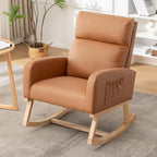 Rocking Chair Nursery, Uplostered Leather Rocker Nursing Chairs with Wood Legs and Side Pocket, Comfortable Glider Roking Chair for Nursery, Living Room, Bedroom,Teddy, Leather Brown