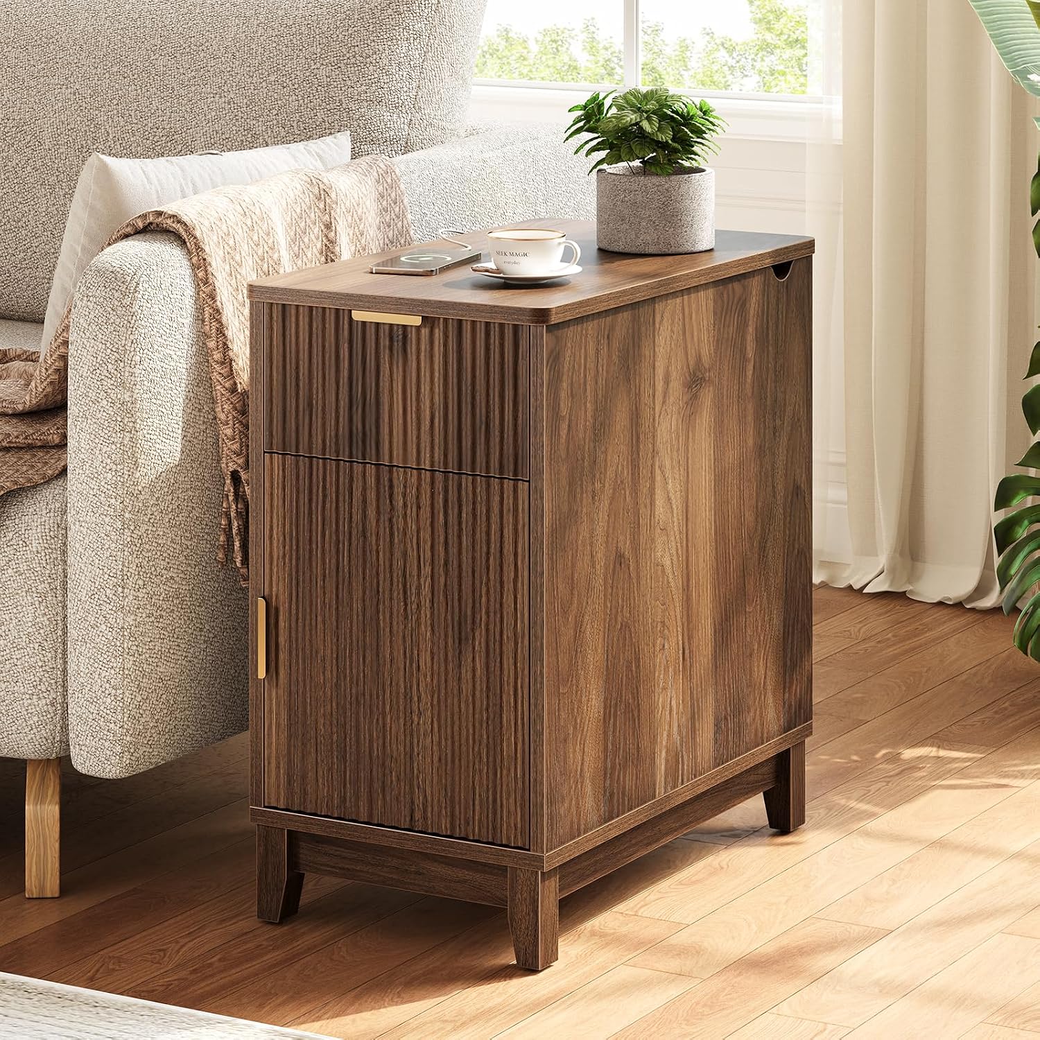 Yoobure End Table with Charging Station - Narrow Side Table for Living Room, Fluted Night Stand with Drawer and Storage Cabinet, Wood Nightstand with Adjustable Shelf for Bedroom Small Spaces