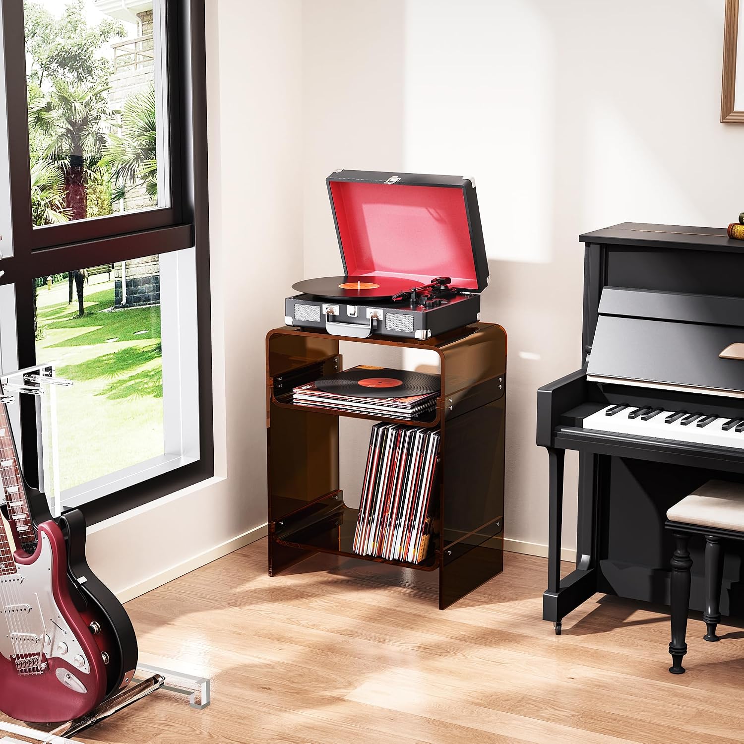 Acrylic Record Player Table with Storage Shelf, Clear Side Table Nightstand (Dark Brown, Large)
