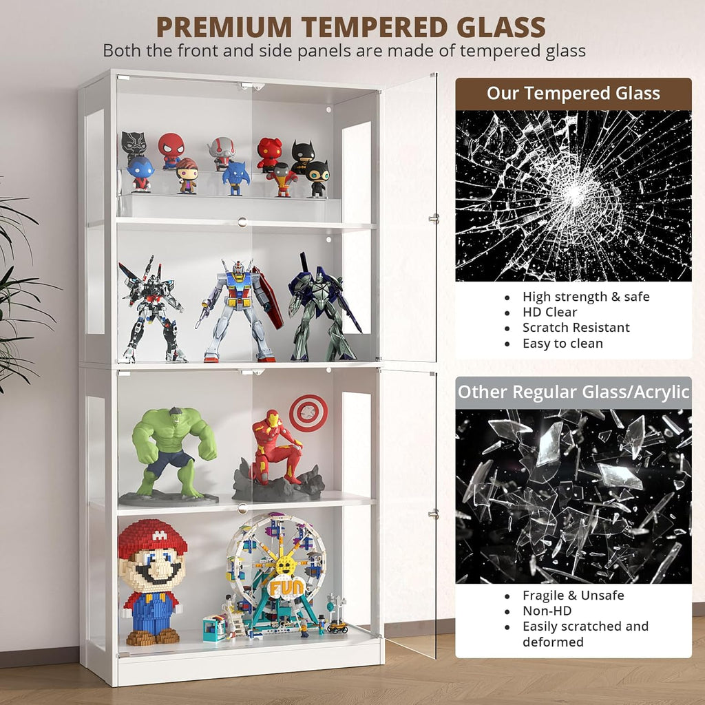 VOWNER 65'' Display Cabinet with Glass Door, 4-Tier Curio Cabinet for Collectibles Trophy, Glass Display Case with Human Body Sensor, 3 Color Lights, Bookcase Storage Cabinets for Living Room, Study