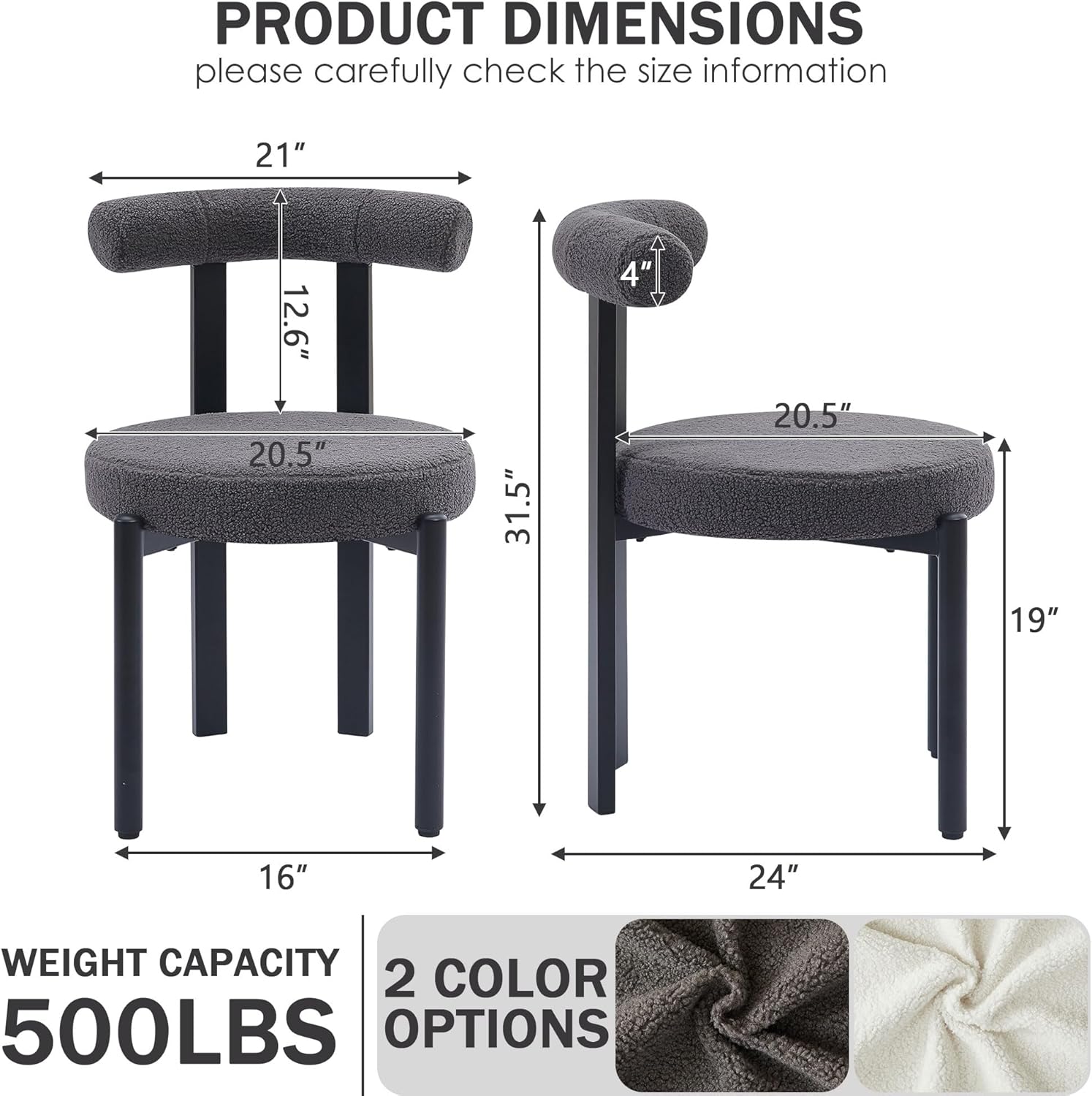 Boucle Dining Chairs Set of 4 Kitchen & Dining Room Chairs(Gray) | Mid Century Modern Upholstered Dining Chairs with Curved Backrest and Black Metal Legs