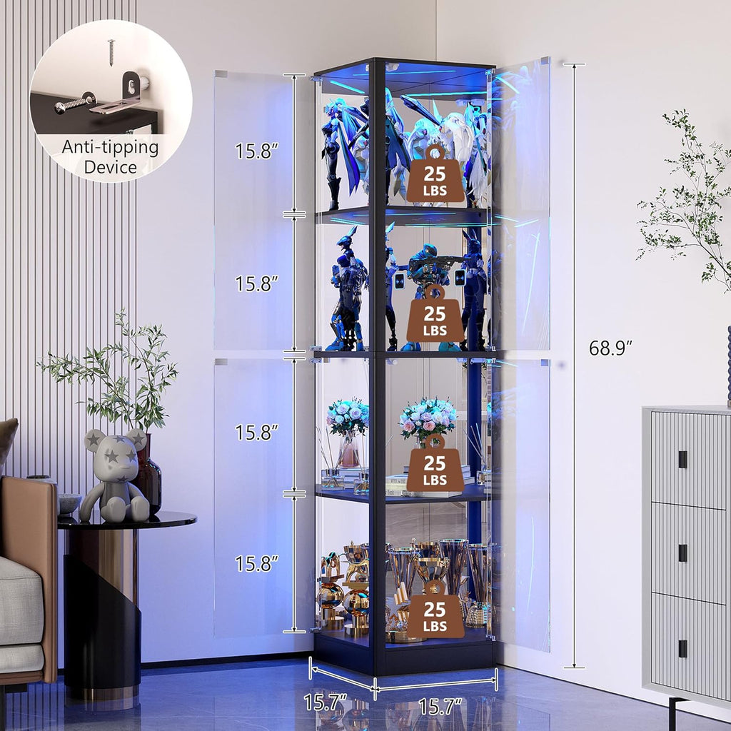 Dystler Corner Display Cabinet with Glass Doors, 68" Display Case with LED Lights, 4-Tier Curio Cabinets for Collectibles, Toys, Books, Modern Storage Cabinet, Black