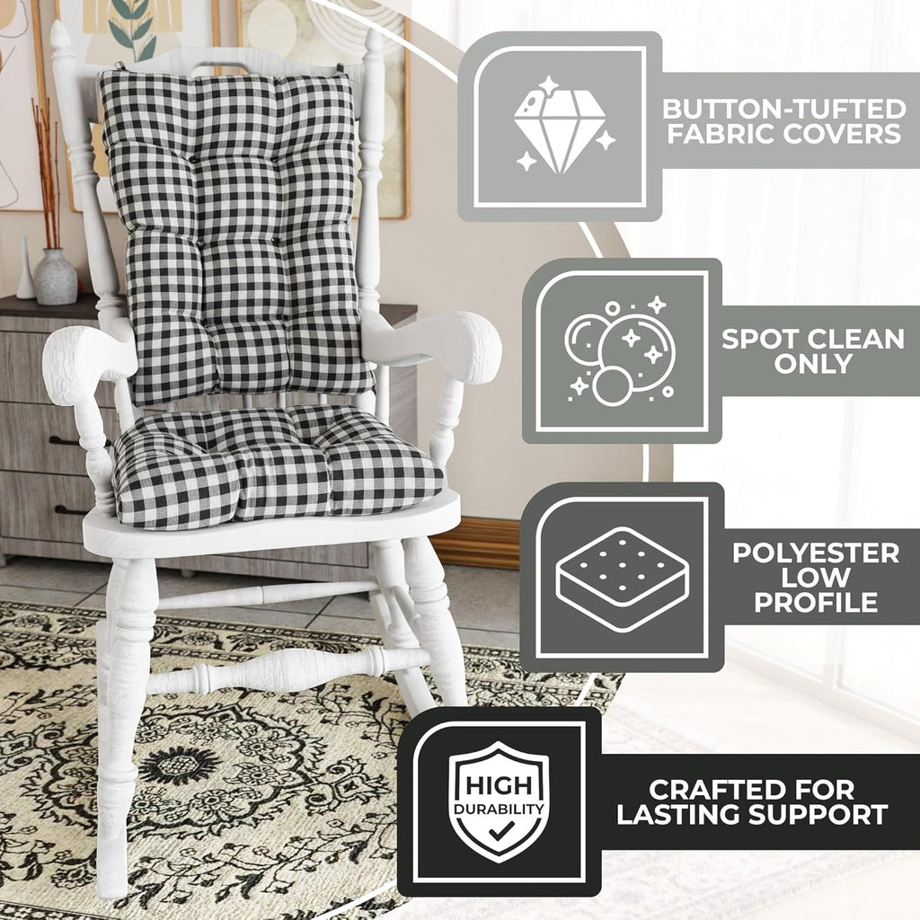 Klear Vu The Gripper Non-Slip Rocking Chair Cushion Set with Thick Padding, Includes Seat Pad & Back Pillow with Ties for Indoor Living Room Rocker, 17x17 Inches, 2 Piece Set, Gingham Black