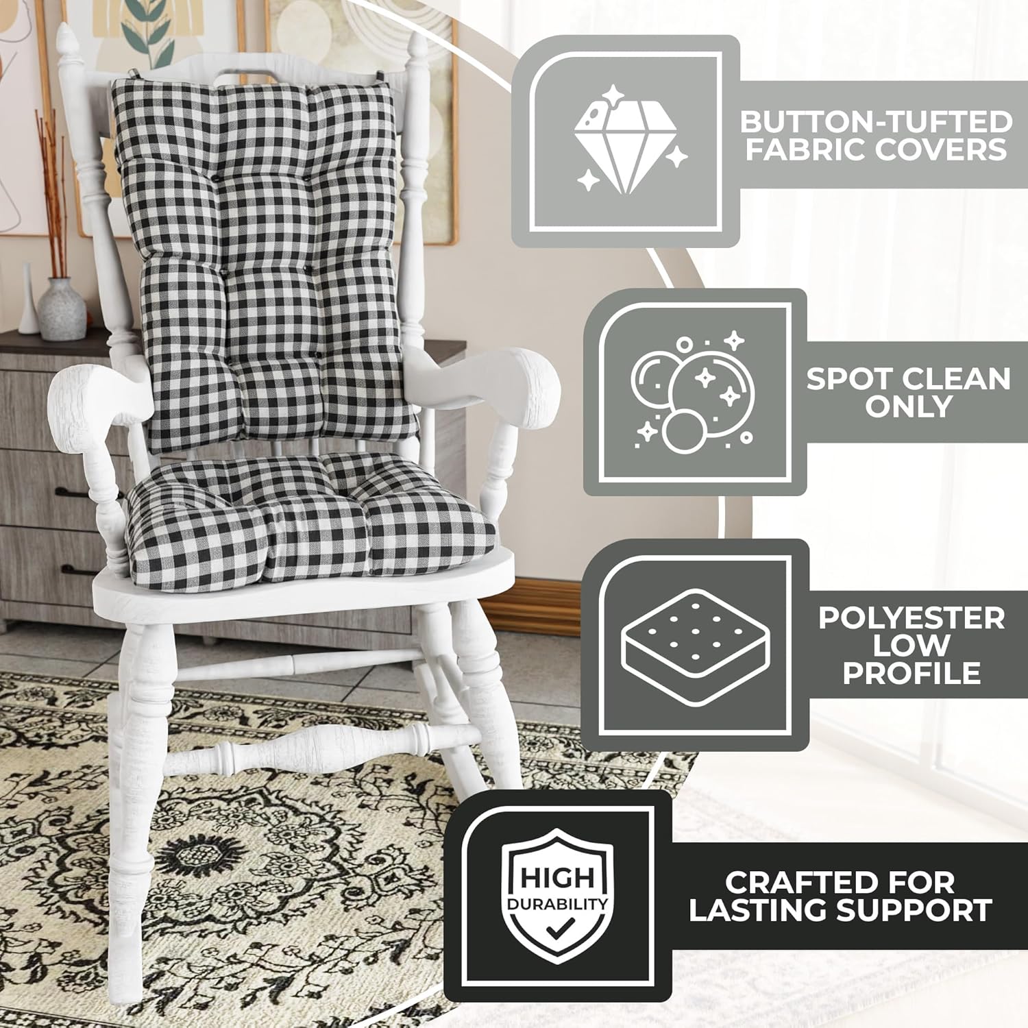 Klear Vu The Gripper Non-Slip Rocking Chair Cushion Set with Thick Padding, Includes Seat Pad & Back Pillow with Ties for Indoor Living Room Rocker, 17x17 Inches, 2 Piece Set, Gingham Black