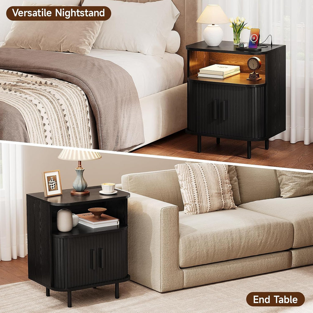 ONBRILL Fluted Nightstand with Drawers, Modern End Table with Charging Station, Mid Century Bedside Table with Open Shelf LED Light for Bedroom Small Space Living Room Sofa Couch Black (2 Pack)