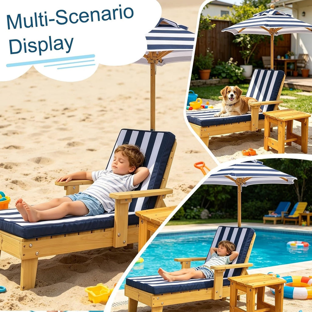Kids Lounge Chair Outdoor, Toddler Chaise Lounge w/Removable Striped Fabric Cushions, Parasol and Coffee Table, Minimalist Patio Furniture for Pool Beach Backyard Lawn(Green)