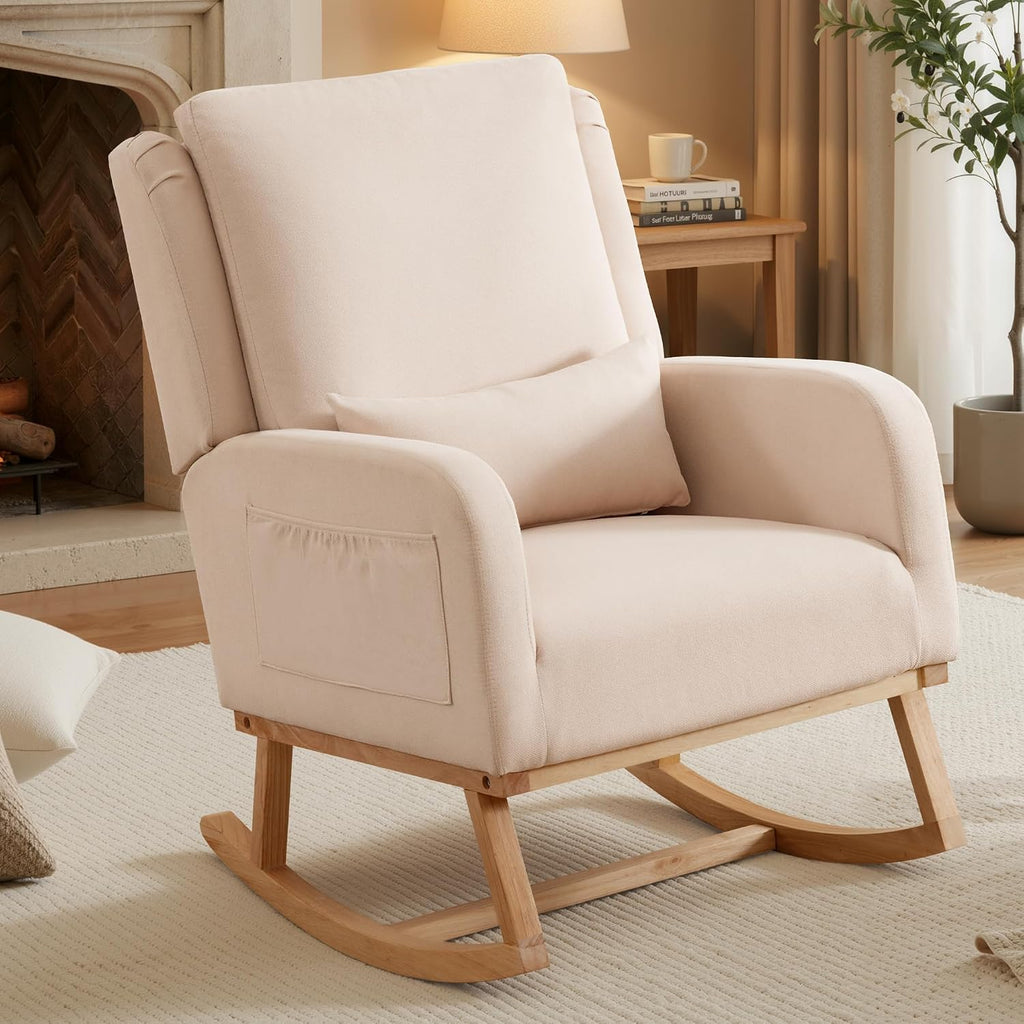 Rocking Chair Nursery, Nursing Rocking Chairs Upholstered, Glider Rocker with Lumbar Pillow and Side Pockets, Modern Rocker Chair for Bedroom, Living Room, Beige
