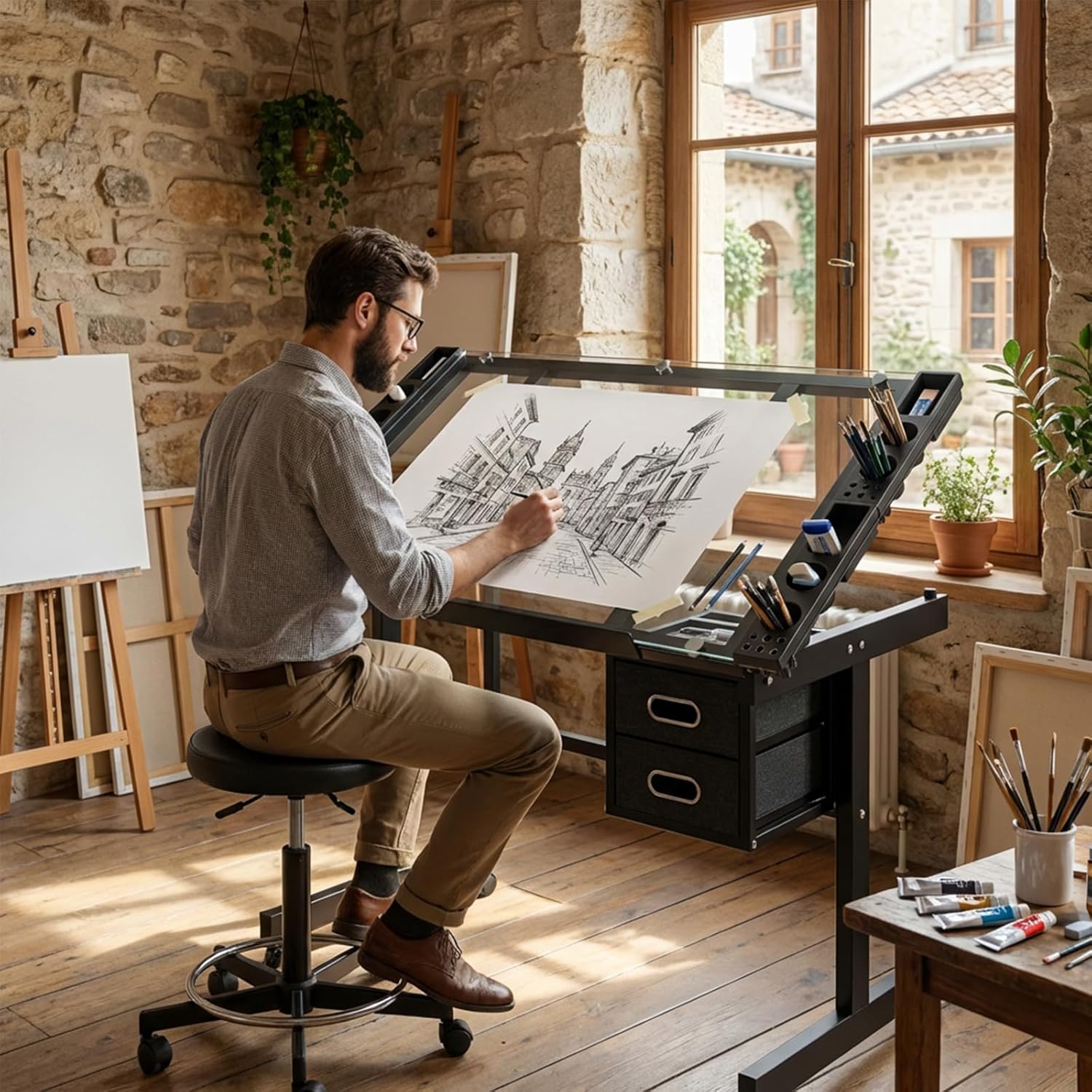 XEW Adjustable Drafting Table Desk Without Stool – Multi-Functional Art Desk for Adults, Drawing & Painting Table, Artist Desk & Drafting Table, Art Table, Tempered Glass Black C