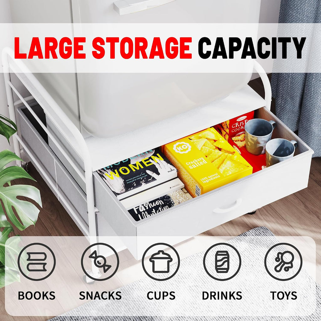 2 Drawer Dresser, 120LBS Fabric Storage Tower, 2 Drawer Storage Cart, Mini Fridge Stand with Storage, Metal Frame Iron Top, 4 Swivel Wheels for Home Kitchen, White