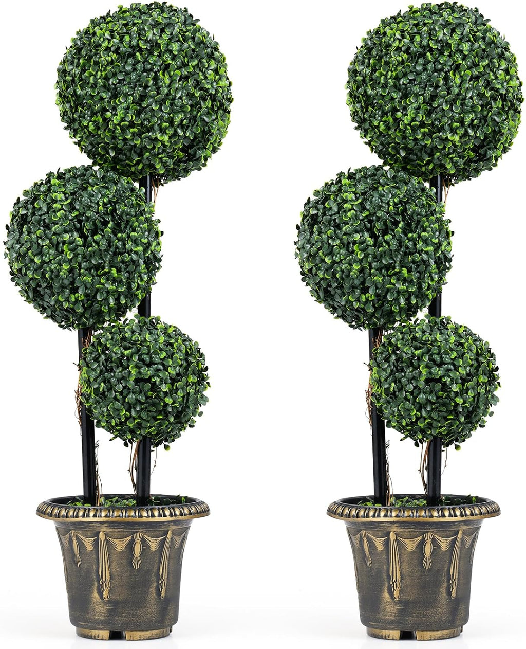 Goplus 3 FT Artificial Boxwood Topiary Tree, Sun-Protective Triple Ball Fake Plants Shrubs, Evergreen Faux Potted Plants for Indoor Outdoor Home Office Front Porch Decor