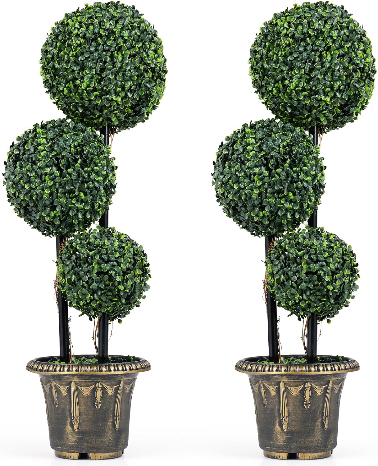 Goplus 3 FT Artificial Boxwood Topiary Tree, Sun-Protective Triple Ball Fake Plants Shrubs, Evergreen Faux Potted Plants for Indoor Outdoor Home Office Front Porch Decor