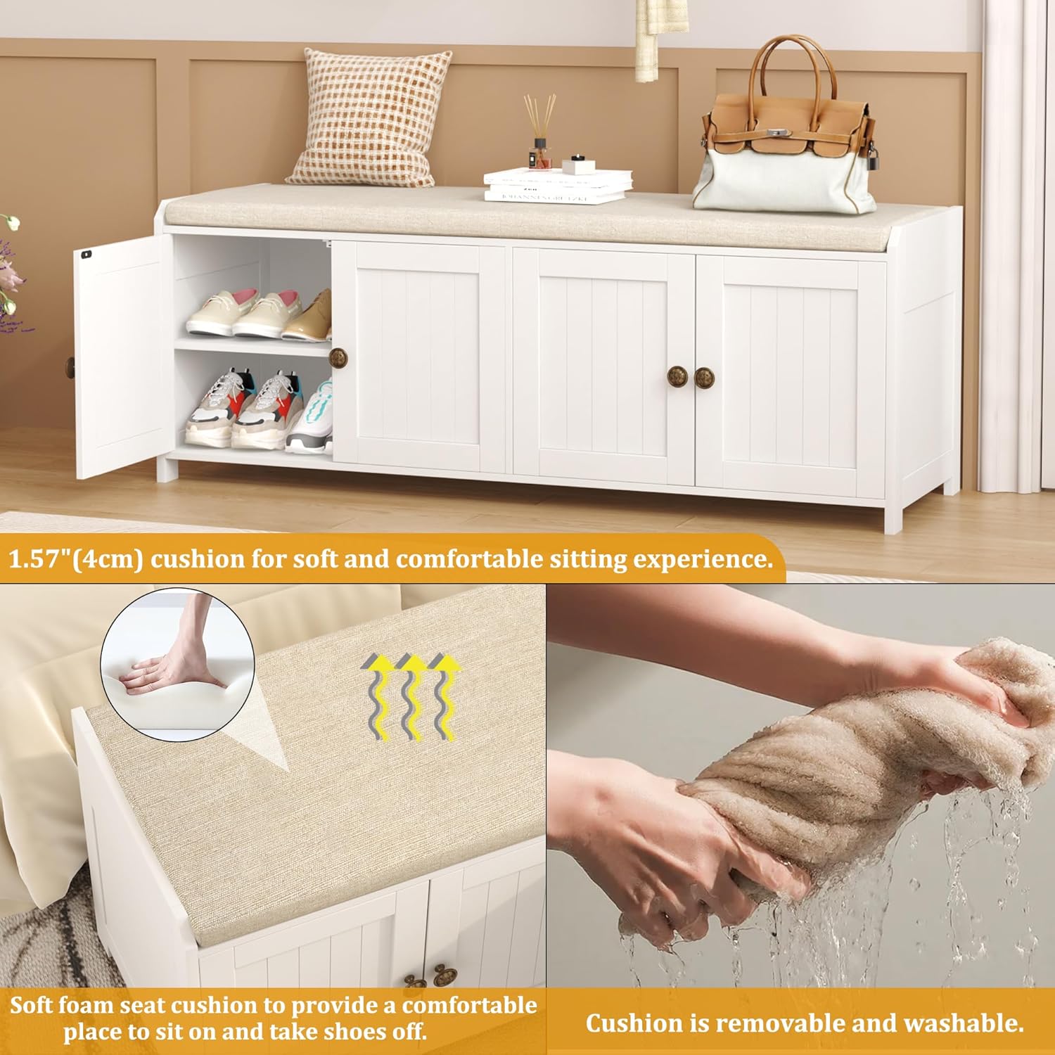 HOMEFORT 48.4" Shoe Storage Bench with Cushion, Entryway Bench with Paddded Seat, 2-Tier Shoe Cabinet Bench with Adjustable Shelves and 4 Doors, Wooden End of Bed Bench, for Bedroom, Hallway, White