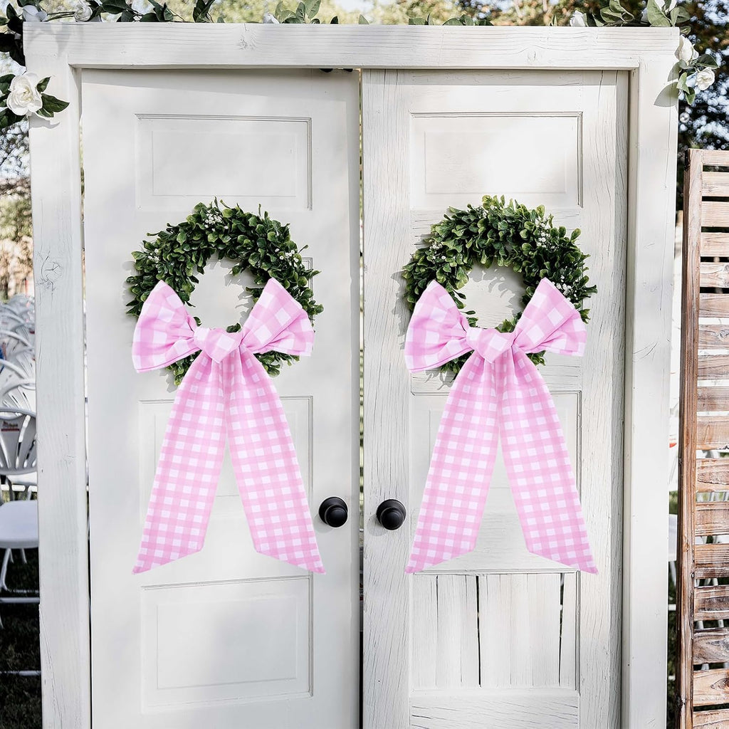 Pink Wreath Sash for Front Door - 2 Pcs Cotton Plaid Sashes for Wreaths Baby Shower Girl, 55.5 Inch Check Wreath Sash for DIY Embroidery Monogram Bow Party Home Decor
