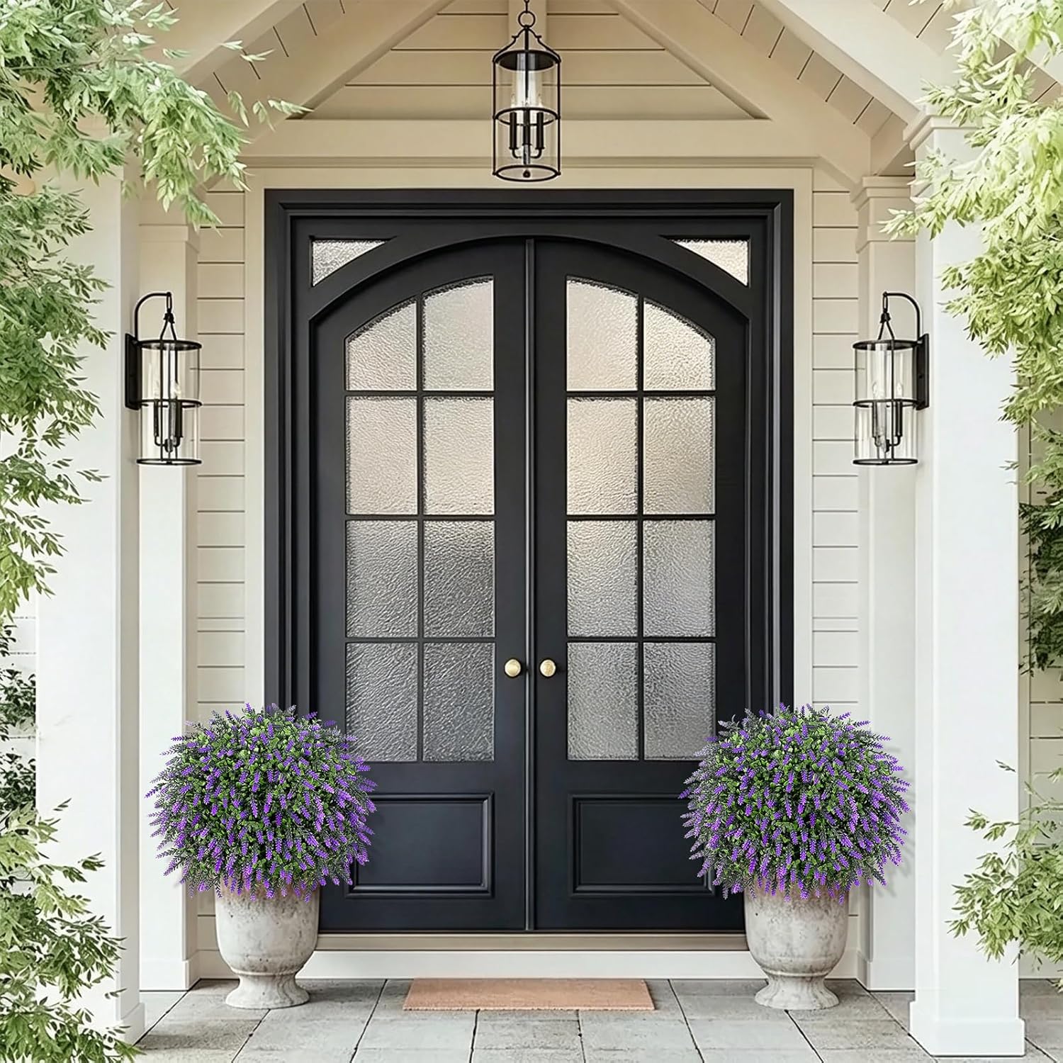 Artificial Plants Bushes for Outdoors, 2 Pack 25.6" Faux Topiary Ball Trees Lavender Plants with Stakes/Spikes for Outside, UV Resistant Fake Greenery for Front Porch, Garden, Yard (Purple, Green )