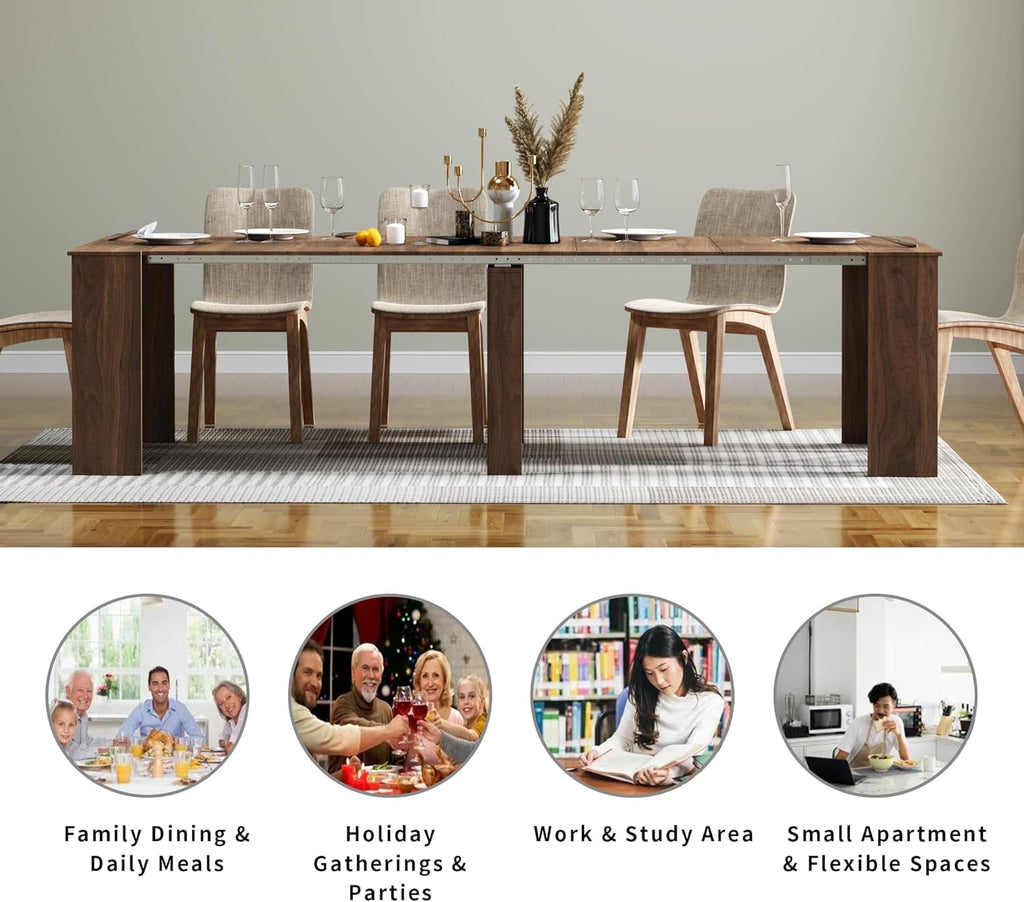 Transformer Folding Console Table for 10-12 People, Extendable Dining Table, Space Saving Dining Room Table for Apartments & Homes, Walnut
