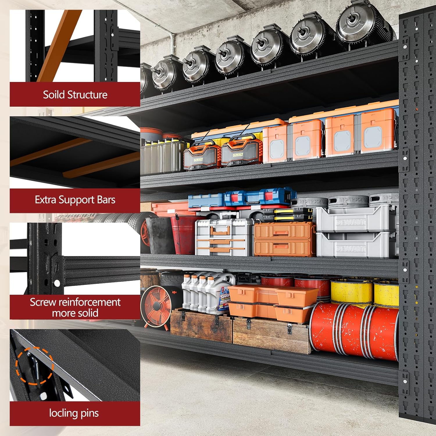 RAVIGIN 5000LBS Storage Shelves,71" W Garage Shelving Heavy Duty Metal Adjustable Garage Shelves, Shelving Units Industrial Shelving for Warehouse,71" W x 24" D x 70" H,Black