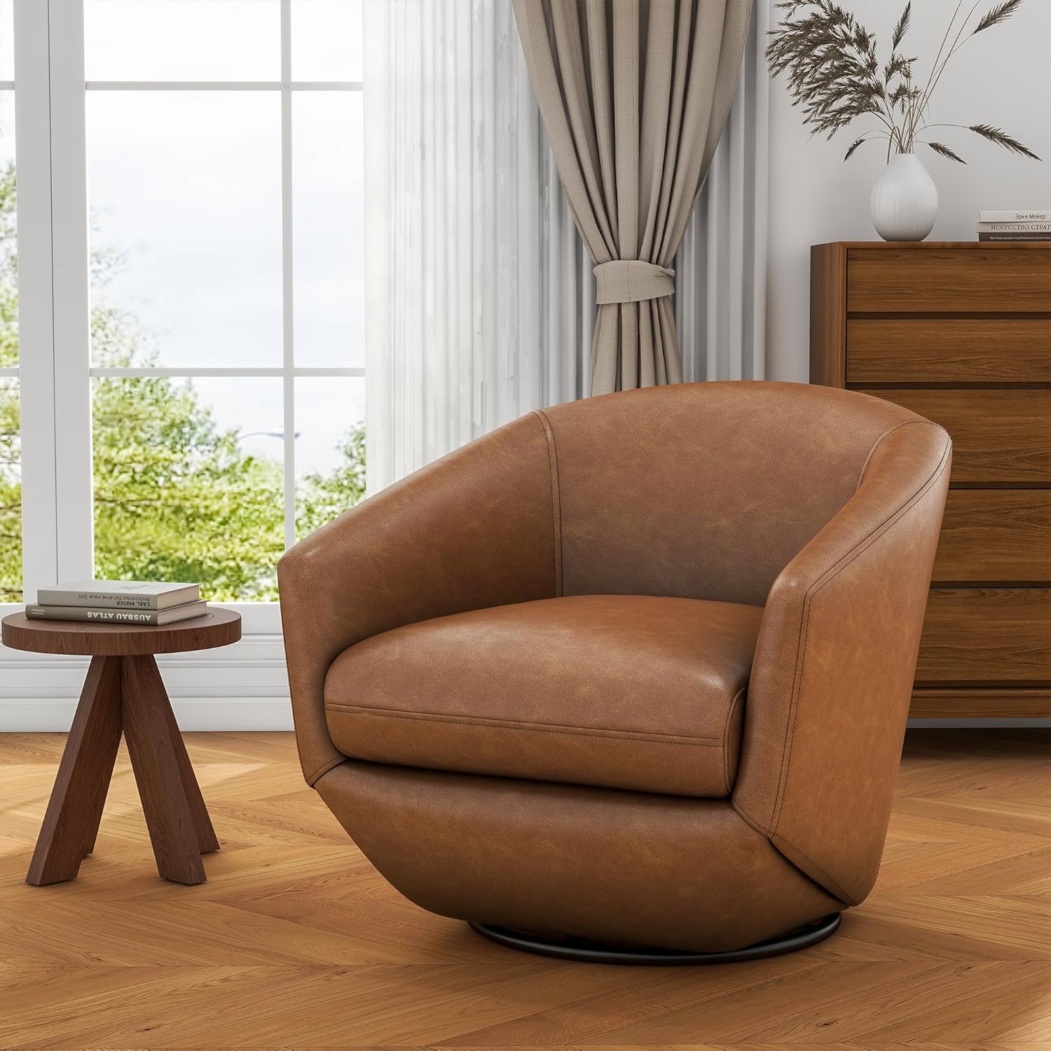 360° Swivel Barrel Accent Chair, PU Leather Upholstered Club Armchair for Living Room, Modern Round Arm Chair Single Sofa Bedroom Reading Seating (Brown)