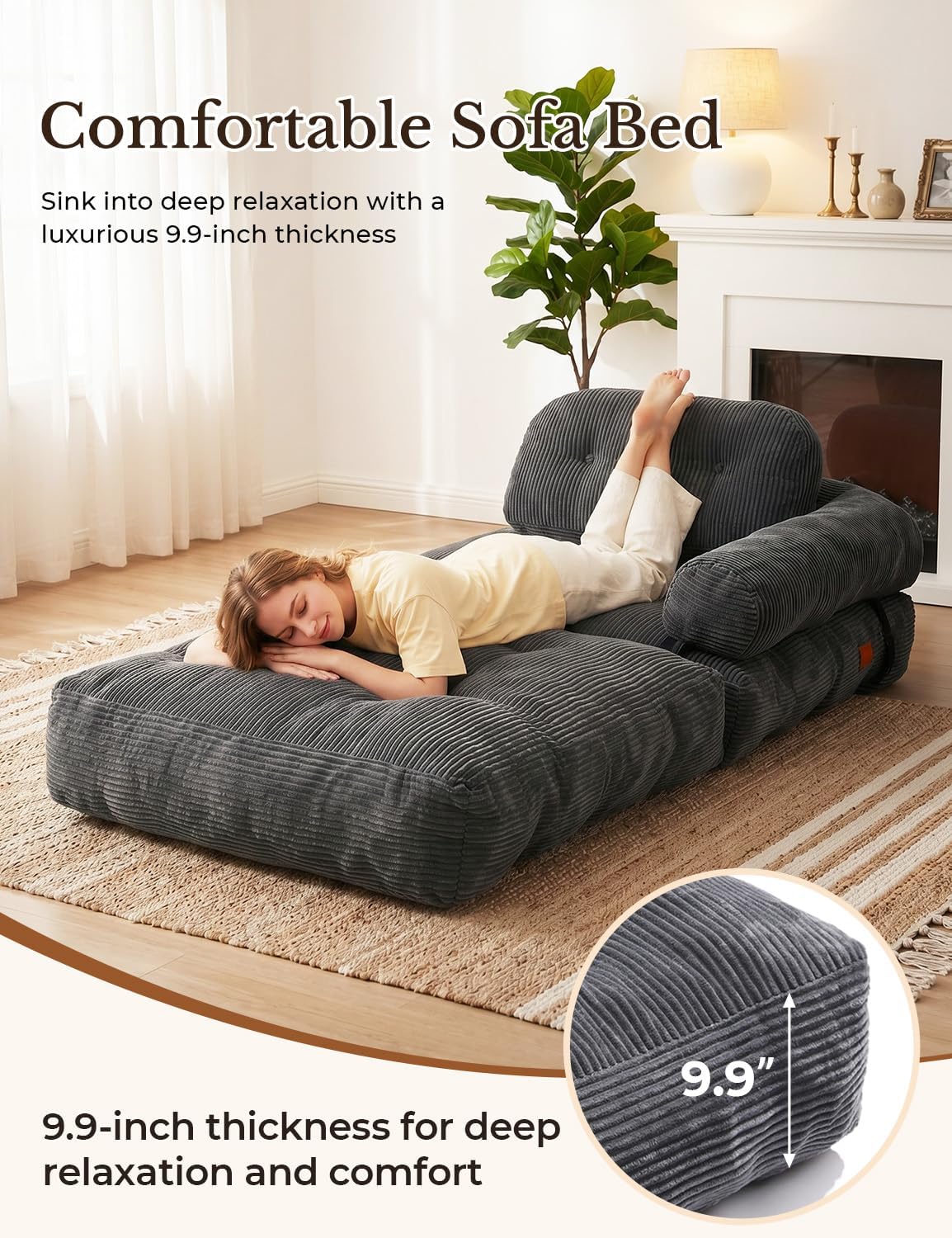 Folding Sofa Bed, L-Shaped Couch Back Support and Arm Pillow Futon, Convertible Sofa Bed for Living Room/Guest Use/Home Office, Boneless Foldable Couch for Adults, Dark Gray