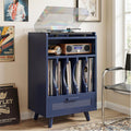 LIKIMIO Record Player Stand with Power Outlets, 1 Drawer & Vinyl Storage up to 150 Albums, Wooden Turntable Stand for Files/Book/LP, Mid-Century Modern Media Cabinet for Small Spaces, Blue