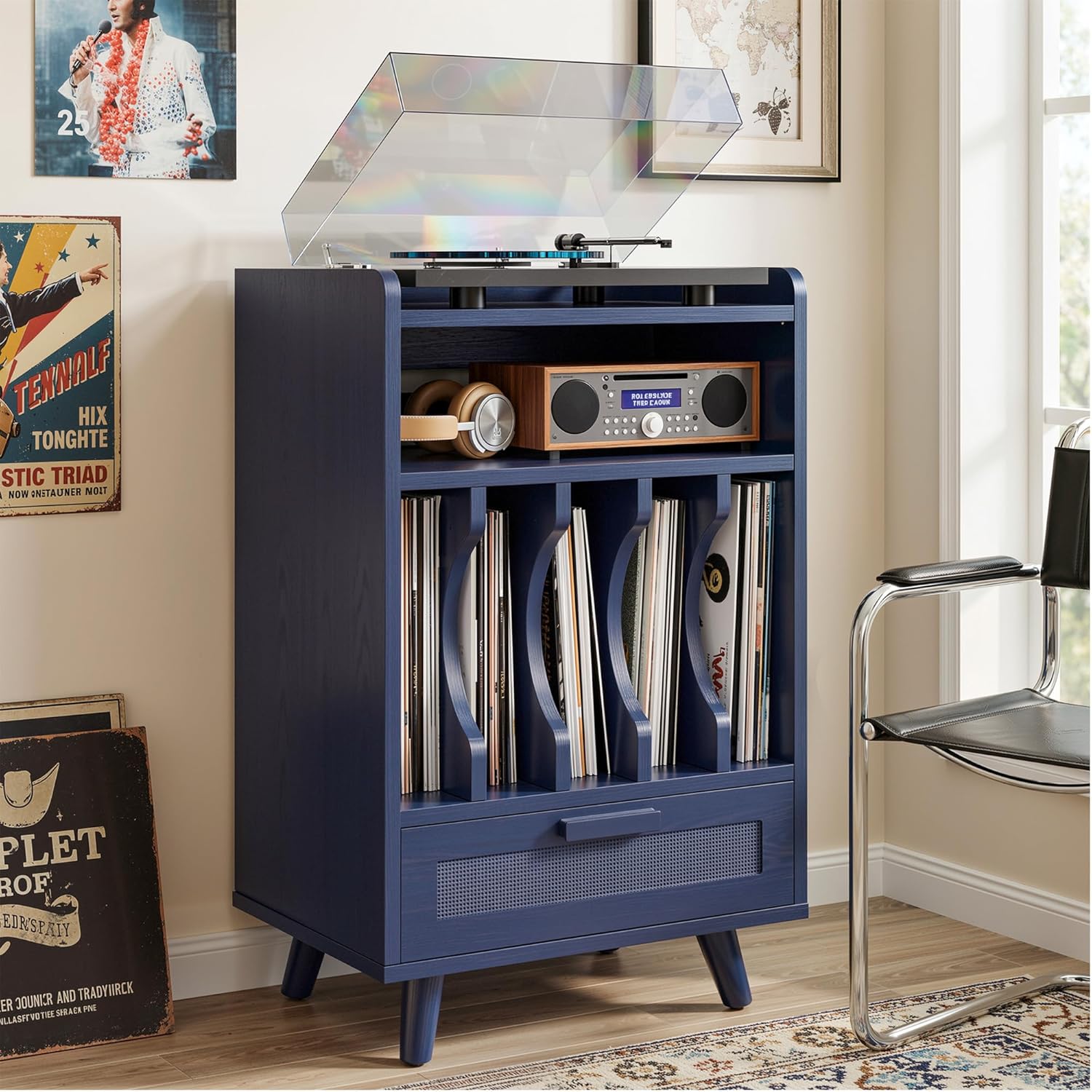 LIKIMIO Record Player Stand with Power Outlets, 1 Drawer & Vinyl Storage up to 150 Albums, Wooden Turntable Stand for Files/Book/LP, Mid-Century Modern Media Cabinet for Small Spaces, Blue