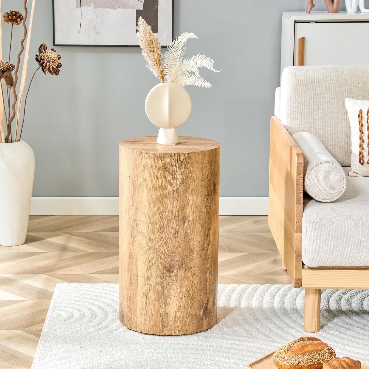 21.6''H Boho Cylinder Side Table for Living Room, Natural Wood Accent Tables with Tribal Pattern Design, Farmhouse Drum End Table for Couch Bedroom, Bedside Nightstand, No Assembly