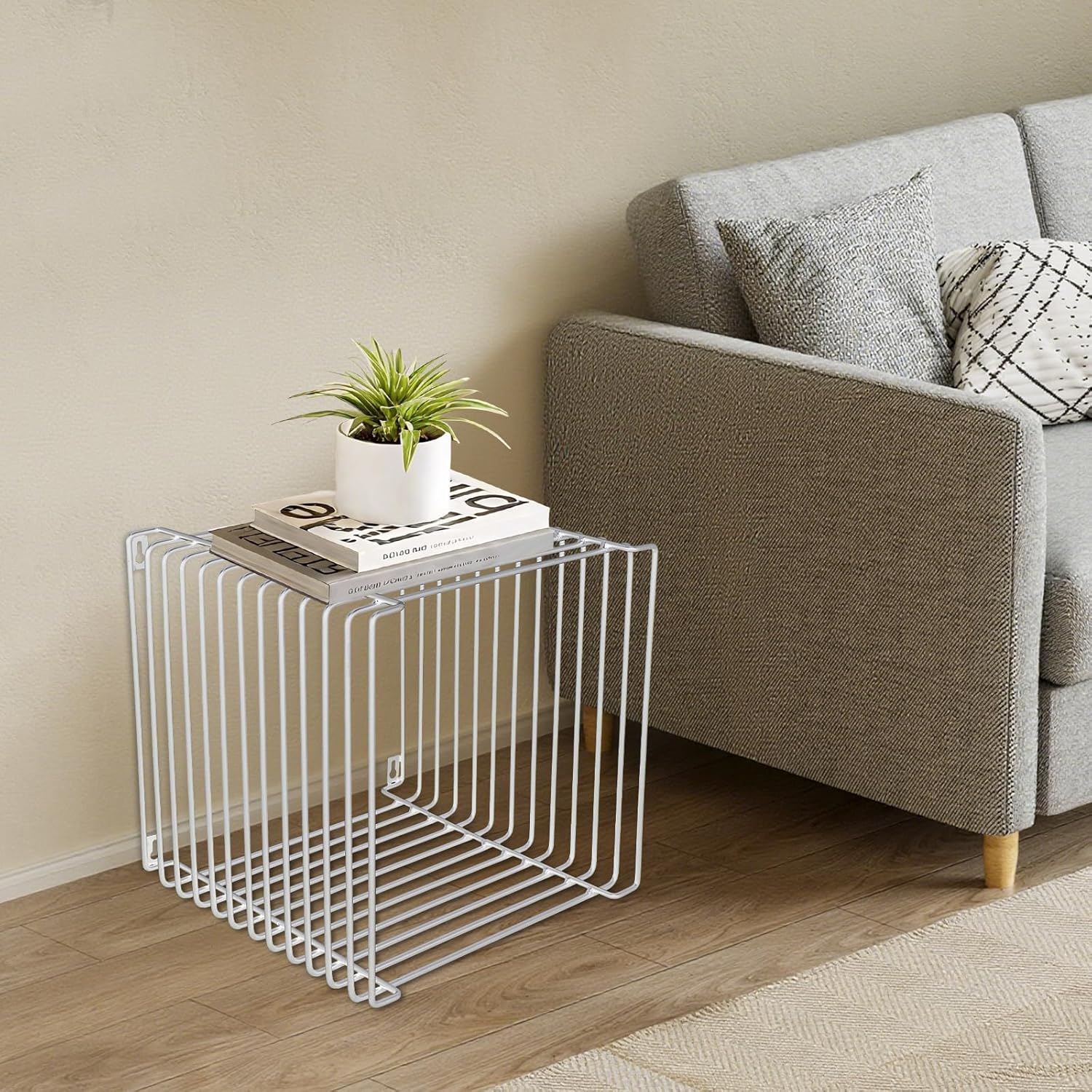Side Table, Square Geometry Side Table, Linear Metal End Table for Living Room, Bedroom, Small Spaces (Silver)