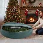 Wreath Storage Container - Canvas Bag with Clear Window and Handles Holds 48-Inch Artificial Wreath with Compartment for Ornaments by Elf Stor (Green)