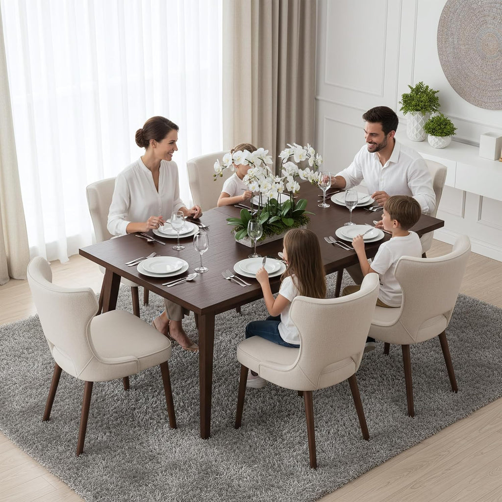 Wooden Dining Chairs Set of 4, Farmhouse Dining Room Chairs with Solid Wood Legs, Mid Century Fabric Kitchen Chairs, Upholstered Chair for Restaurant & Cafe- Beige