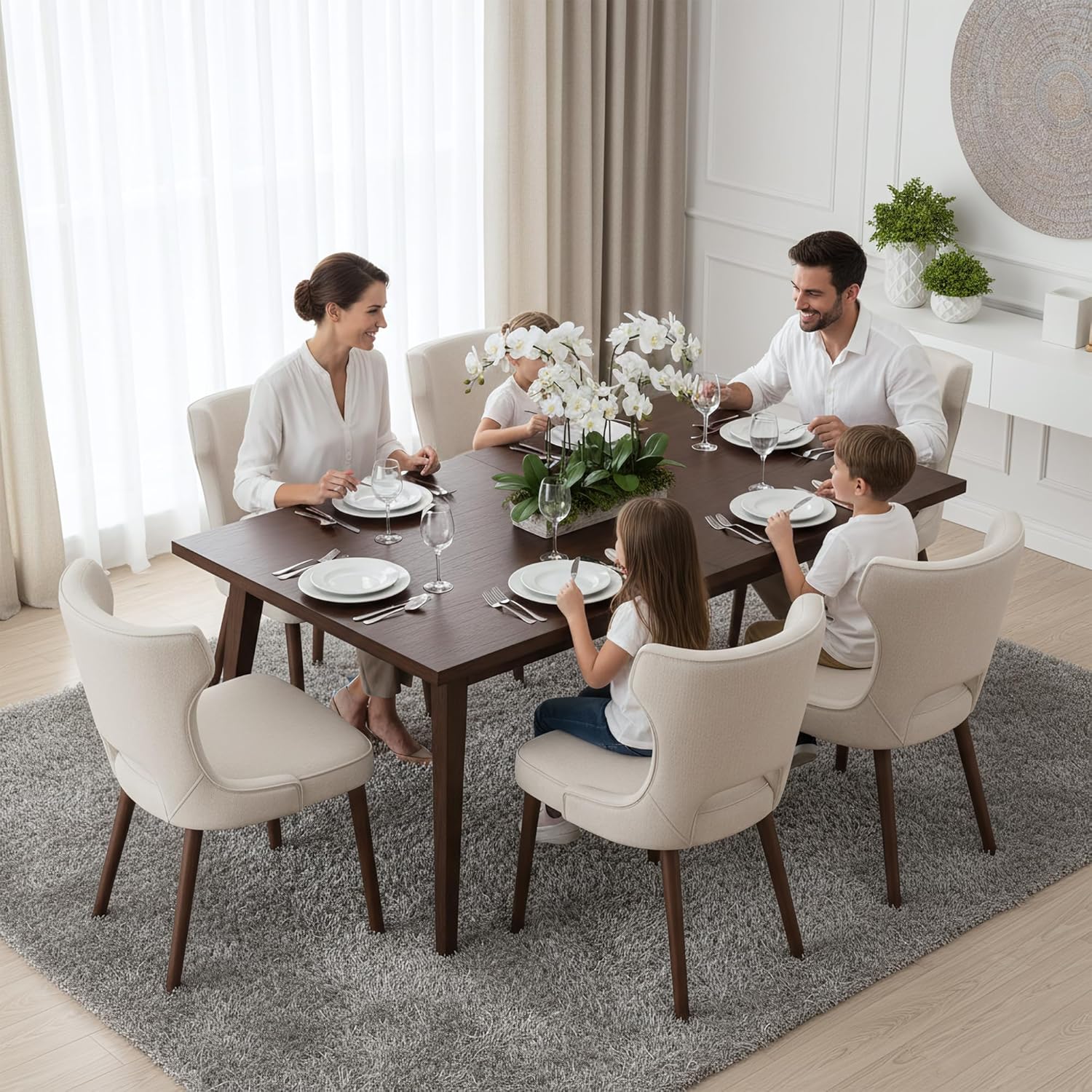 Wooden Dining Chairs Set of 4, Farmhouse Dining Room Chairs with Solid Wood Legs, Mid Century Fabric Kitchen Chairs, Upholstered Chair for Restaurant & Cafe- Beige
