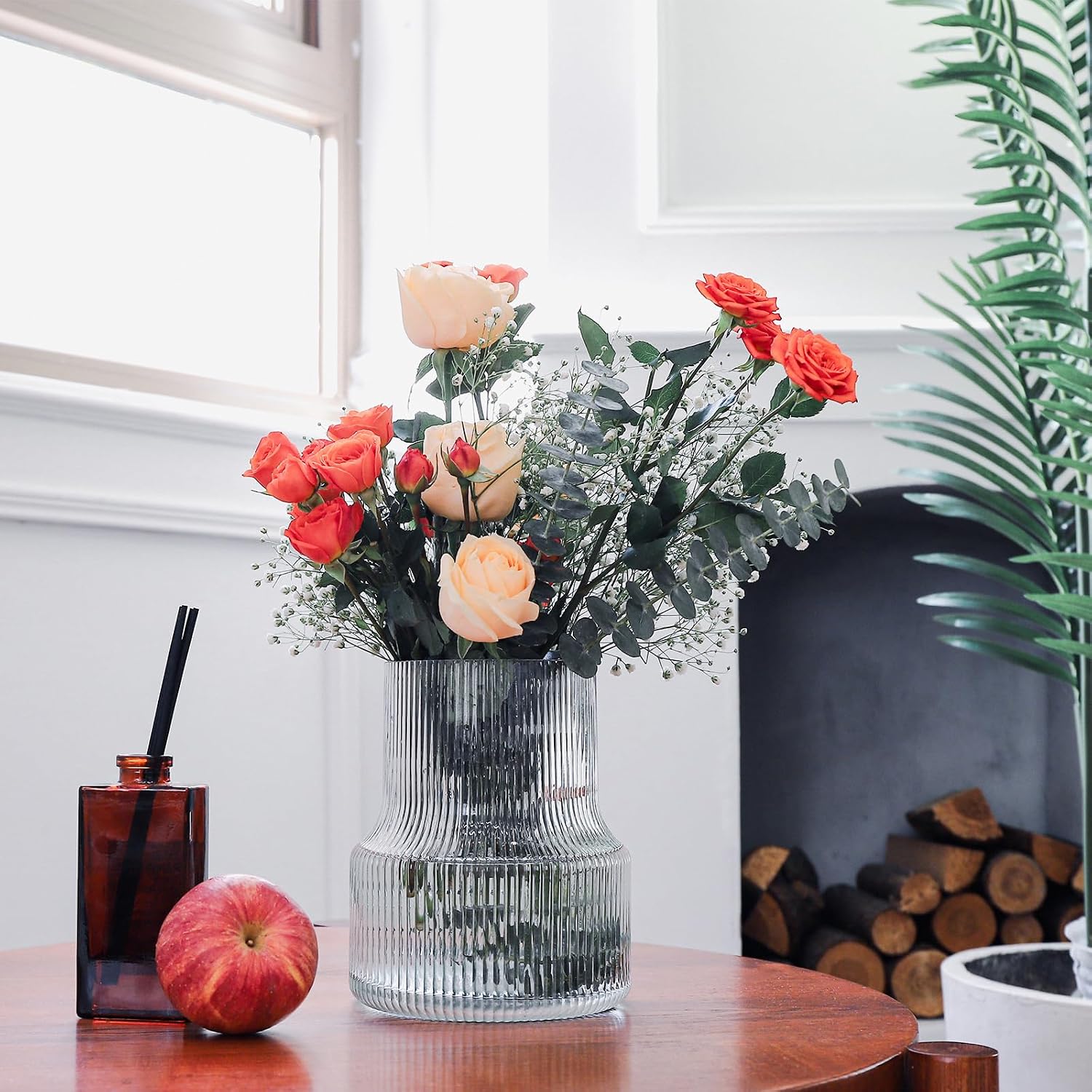 Glass Vase - Fluted, Ribbed, Decorative for Centerpieces, Modern for Living Room, Table, Entryway, Desk, Shelf, Wedding, Office - 7.5 Inches