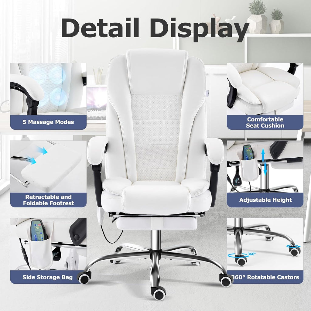 TonghuaS Massage Office Chair with Foot Rest Vibration and Heating, 90-130° Reclining Desk Chair, Ergonomic Reclining Computer Gaming Leather Chair(White)